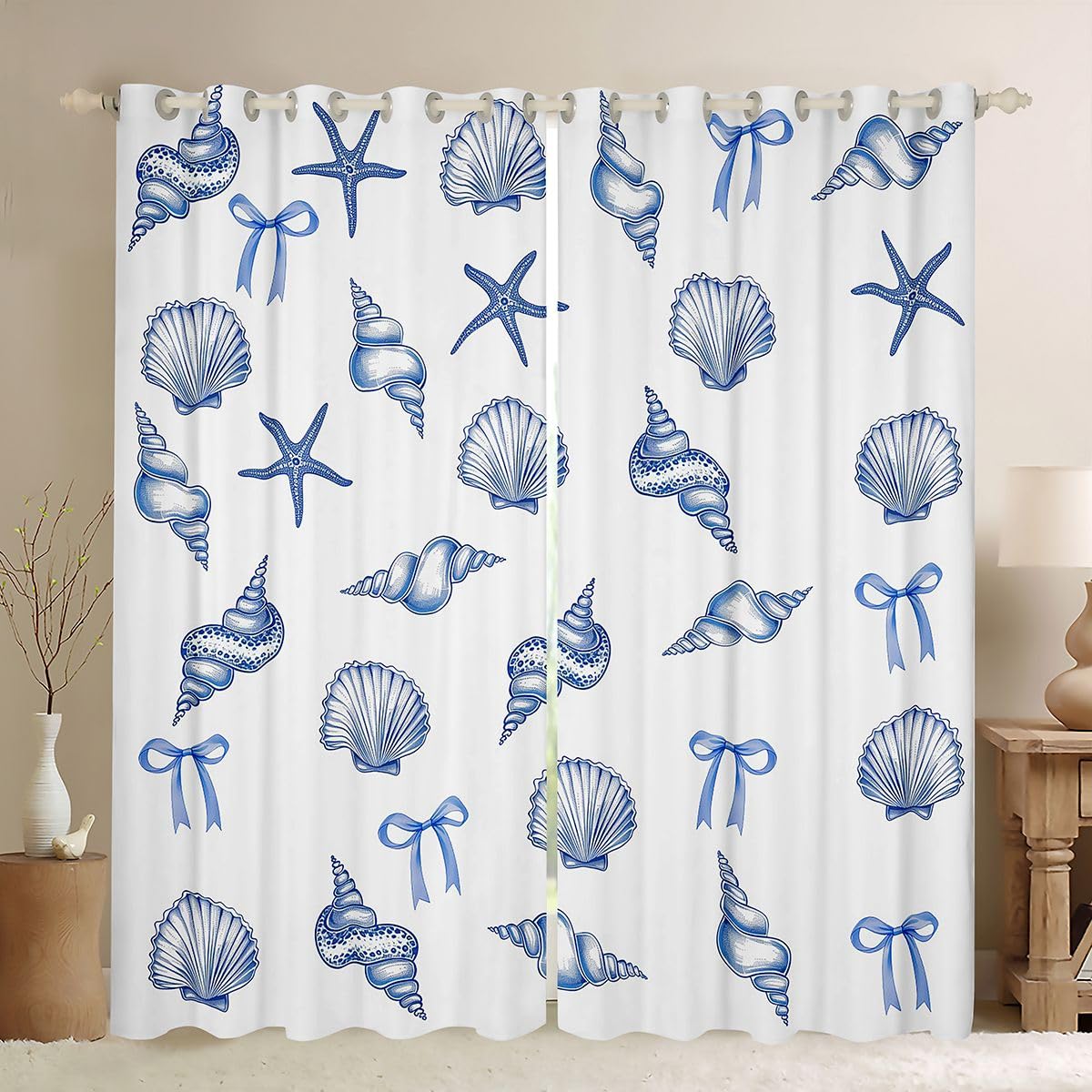 Homemissing Tende oscuranti Kawaii con fiocco blu per camera da letto e soggiorno, tonalità oceaniche, vita marina, mare, tenda oscurante per finestre, 2 pannelli 132 x 160 cm (larghezza x lunghezza)