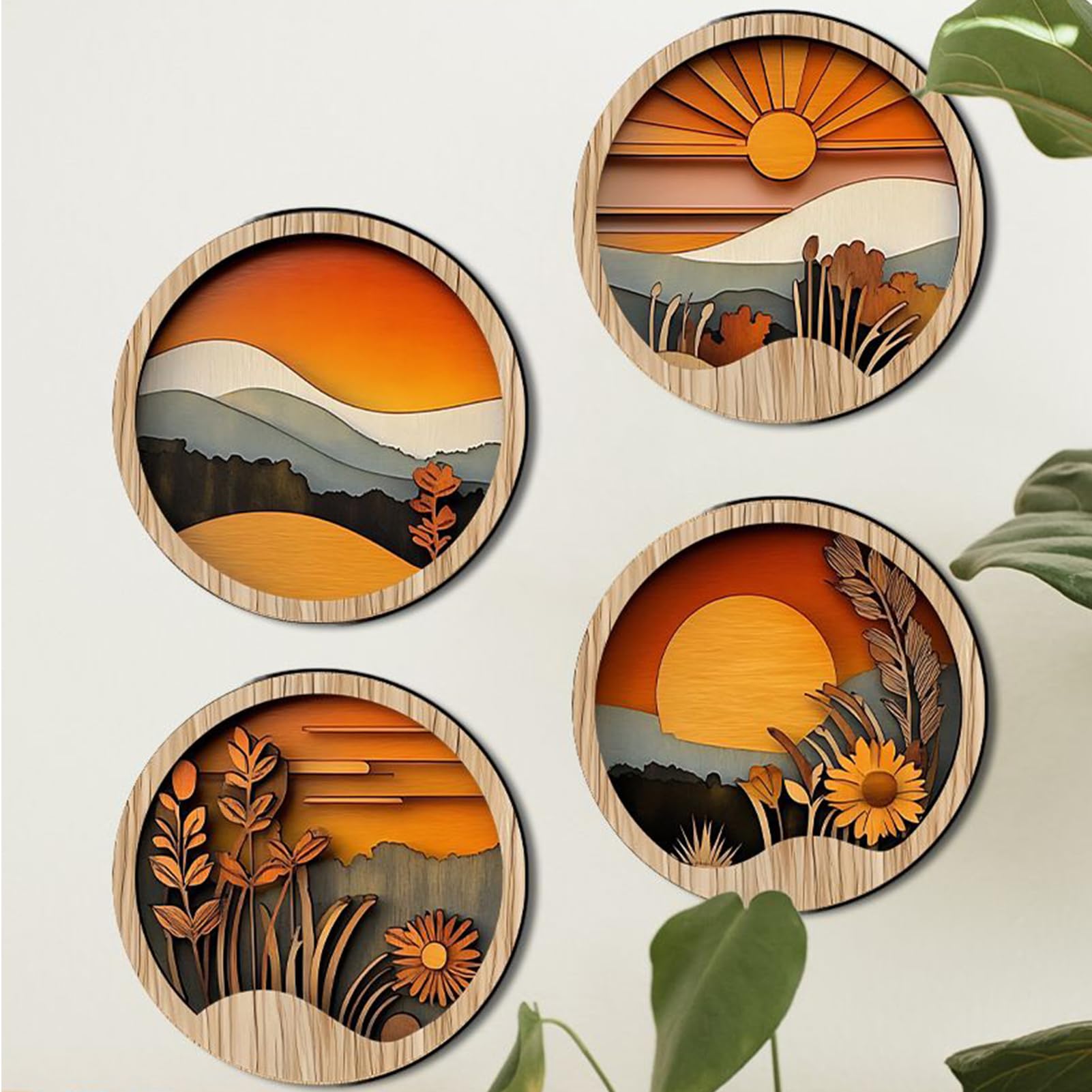 Arte da parete Boemia per soggiorno, decorazione da parete in stile bohemien, per camera da letto, 4 quadri rotondi geometrici in legno rustico, per appartamento, casa di campagna, ingresso