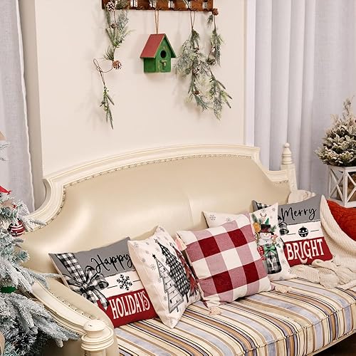 Miniatura 7 de G415-18 - Juego de 4 fundas de almohada de Navidad de 18 x 18 pulgadas, con diseño de árboles de Navidad, tarros de masón, rayas, decorativas, casa