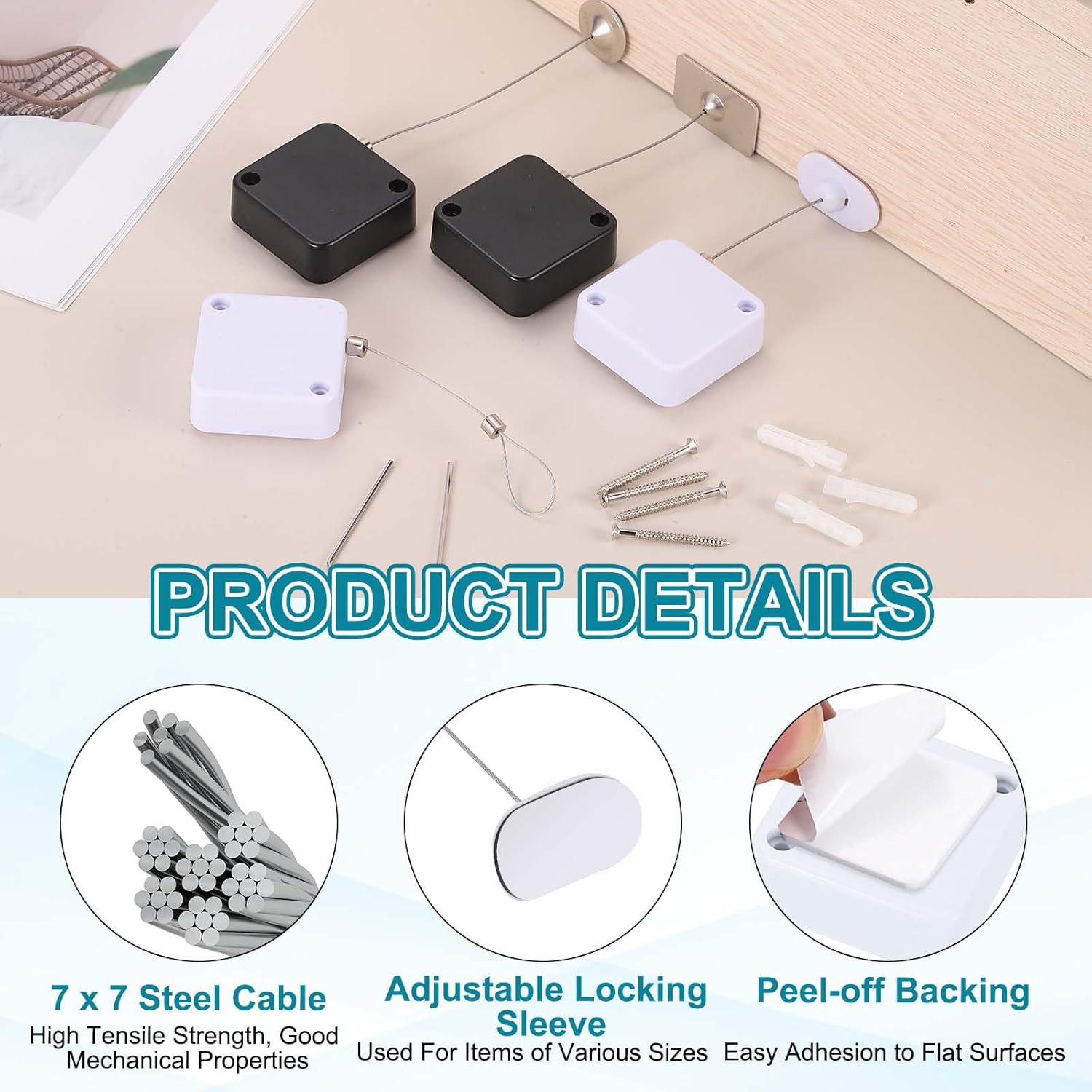 PATIKIL Retractable Remote Control Cable Tether (6.6ft /2M, White)(3 Set) Remote Control Security Lanyard Lock Adjustable Locking Leash with Plastic Cap and Screws, Suit for - TVs/Tablets