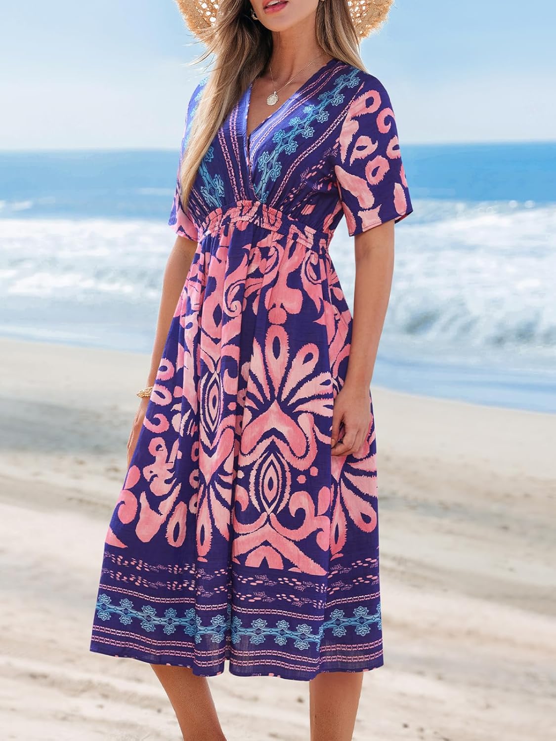 CUPSHE Summer Womens Summer Dresses V Neck Short Sleeve Vacation Casual Smocked Beach Midi Wedding Guest Dress - Image 3