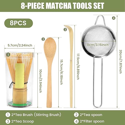 Miniatura 2 de Juego de batidor de matcha, kit de 8 piezas, batidor de matcha (Chasen), cuchara, cuchara (chashaku), tamiz de acero inoxidable, para los amantes