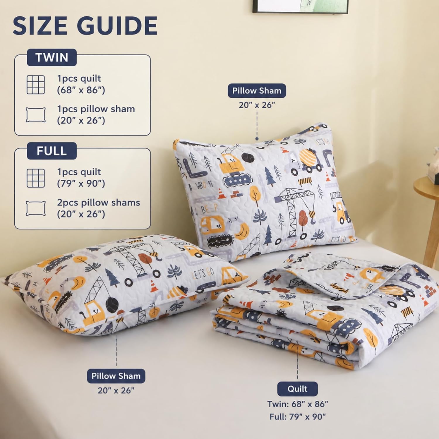 Boys Cars Quilt Set Kids Full Size Engineering Vehicle Bedding Summer Quilt with 2 Pillow Shams Soft Lightweight Bed Cover Reversible Bedspread Coverlet for All Season