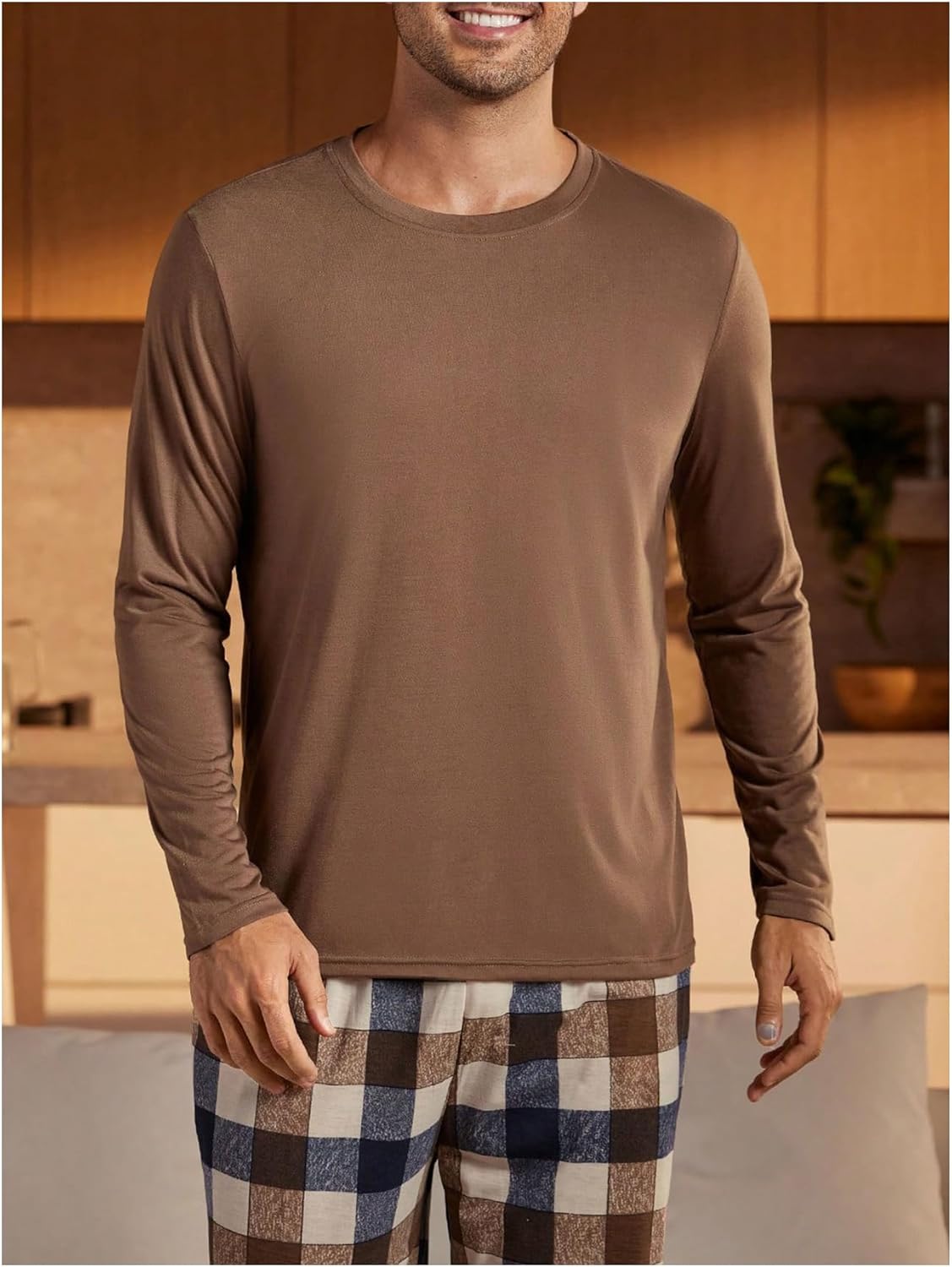 WDIRARA Men's 2 Piece Pajama Sets Long Sleeve Sleepwear Plaid Pants Pjs Set - Image 5