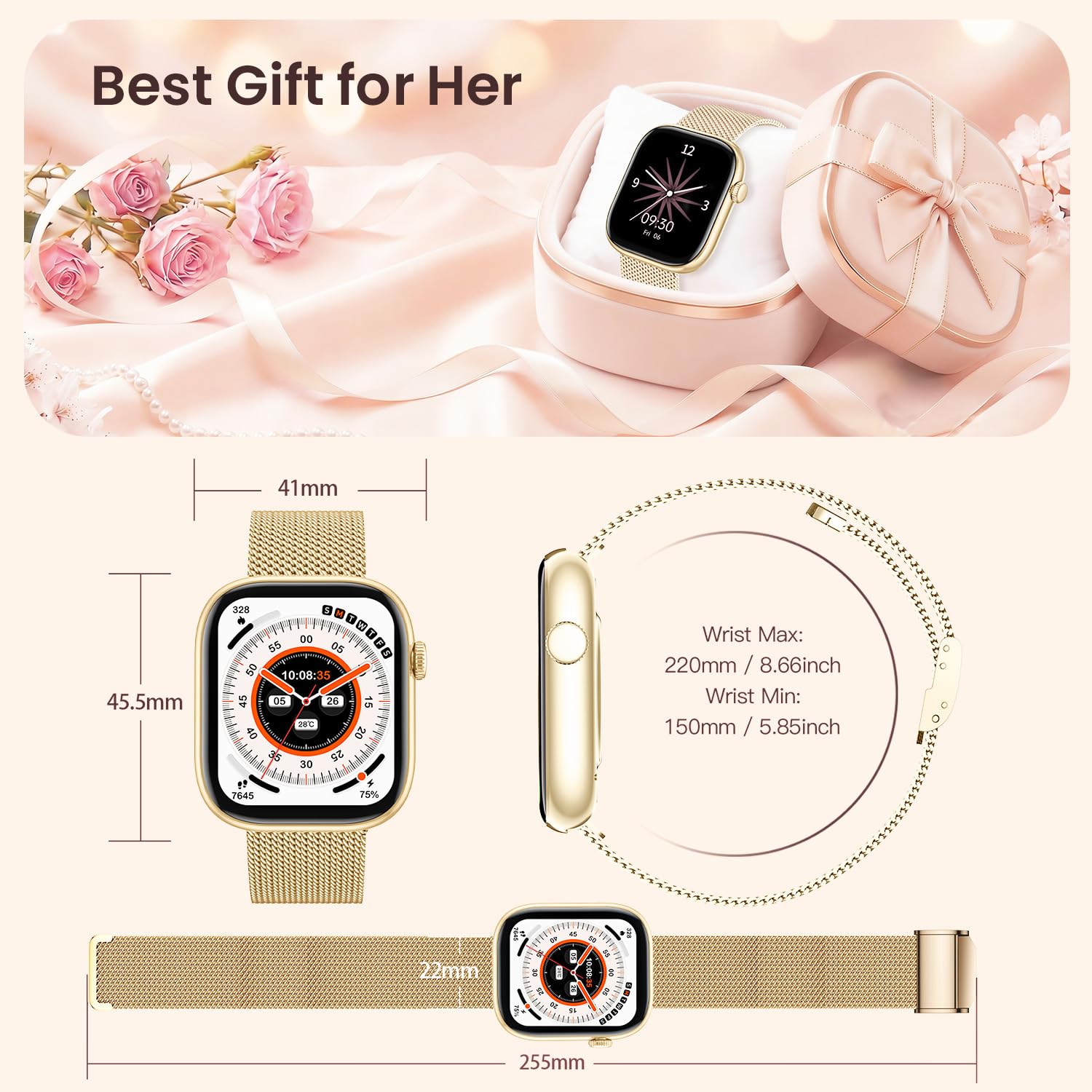 Smartwatch Mujer Reloj Inteligente con Llamada: 1.83'' Digital Smart Watch con Bluetooth Impermeable IP67 Monitor de Estrés Frecuencia Cardíaca Sueño Modo Deportivo 3 correas de reloj para Android iOS — view 7