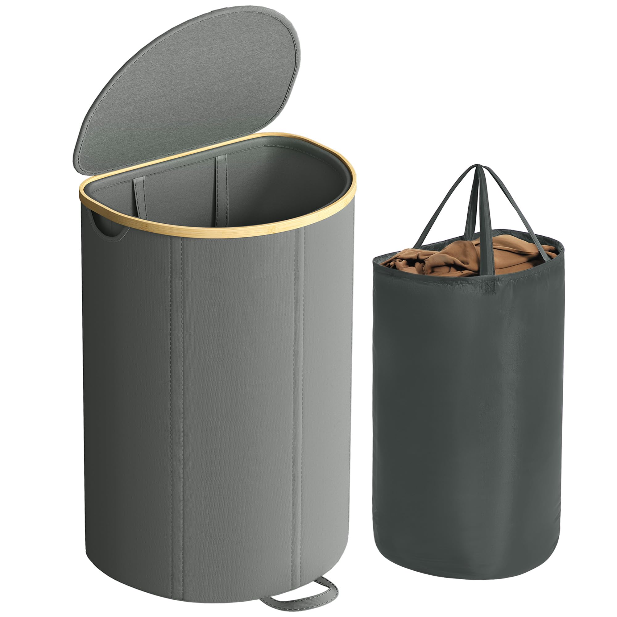 SONGMICS Wäschekorb, Wäschesammler, 90 Liter, Wäschetonne mit Deckel, Wäschesack herausnehmbar, für Waschküche, Schlafzimmer, Wohnzimmer, schiefergrau-naturbeige LCB547G01
