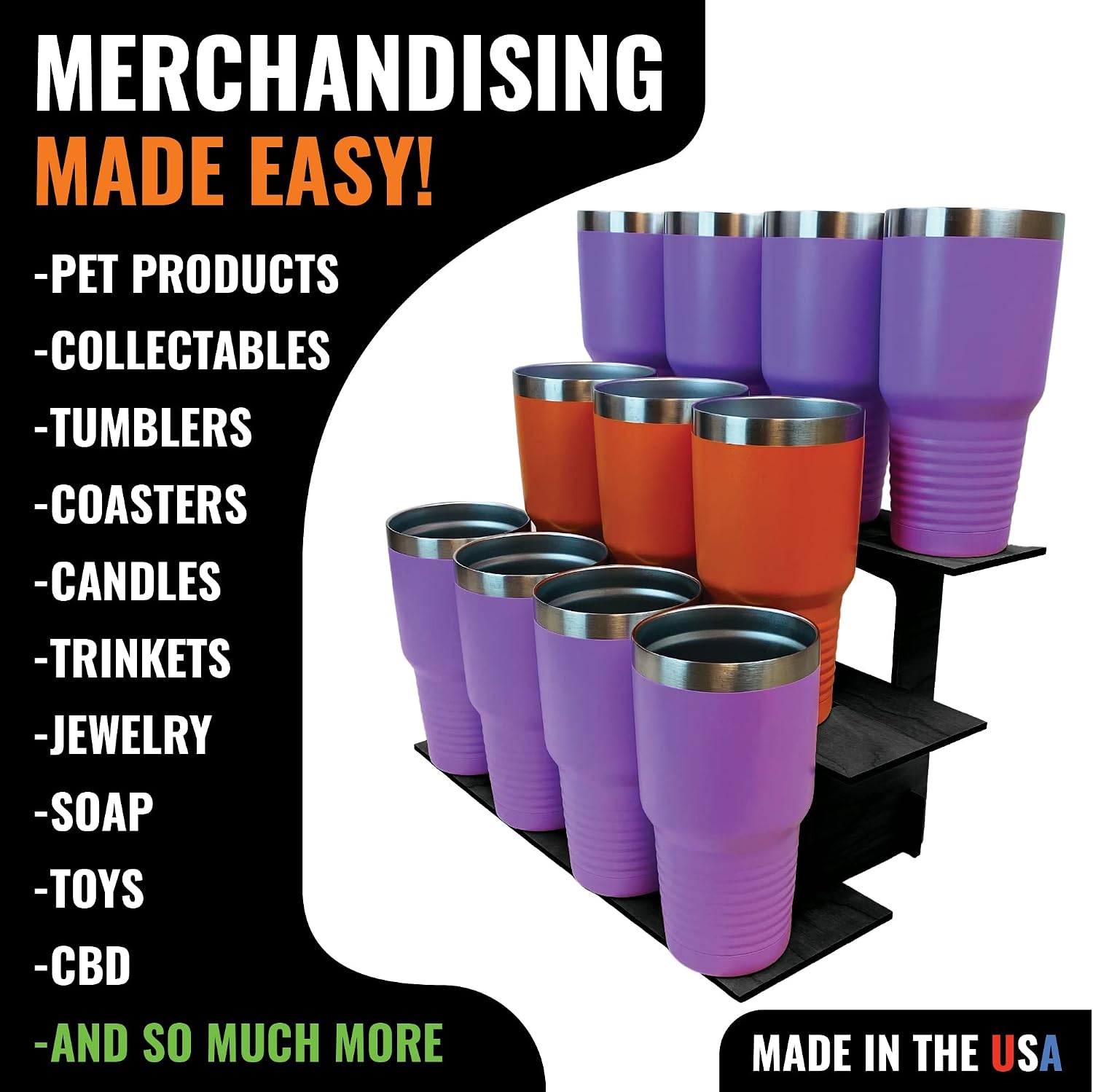 Torched 3-Tier Ebony Straight Retail Table Display Stand with Shelves for Products - Portable | 3 Step Straight Display Rack for Retail Table Top, Counter Top, Craft Shows, Farmers Market, Tradeshows
