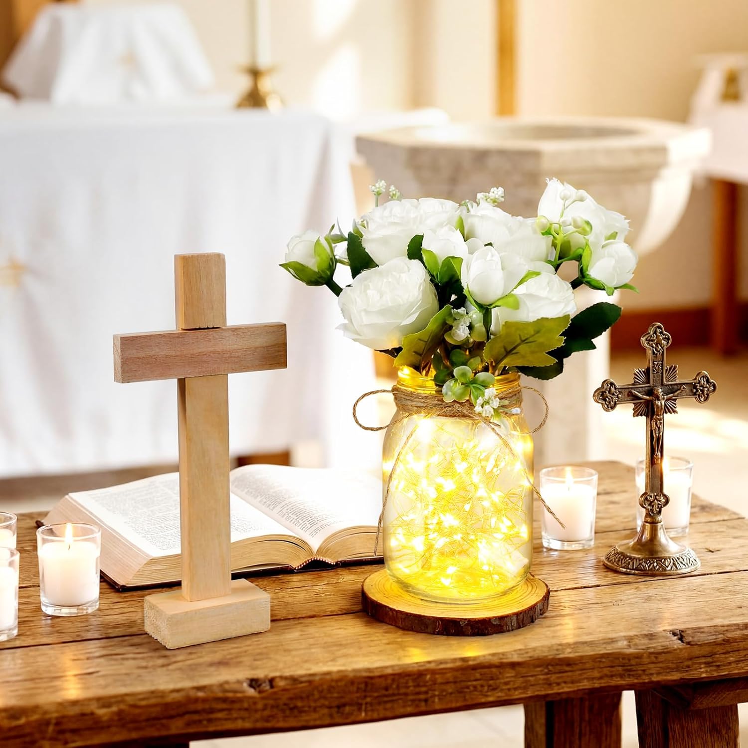37 Pcs/4 Sets Baptism Centerpieces for Table Cross Mason Jar Centerpieces with Wooden Cross Crafts Light Strings for Baptism First Communion Church Wedding Favors(Peony)