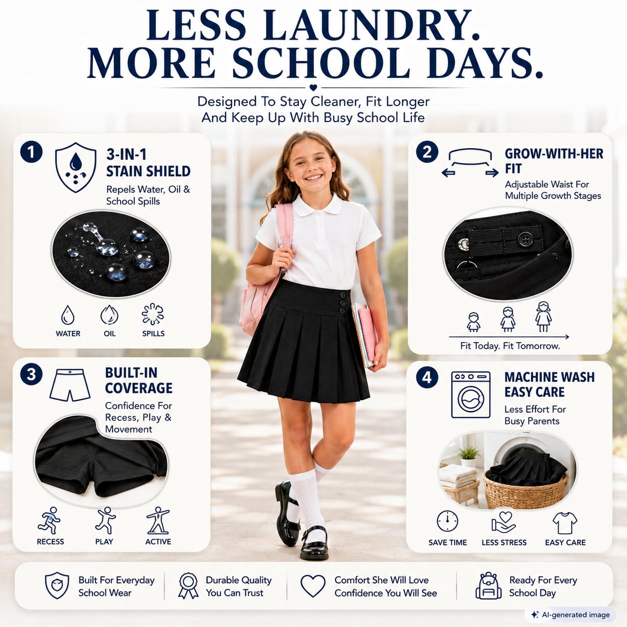 Bienzoe Falda de Uniforme Escolar para niñas: Falda Plisada elástica con Cintura Ajustable para niños, Negro, 10-11 Years
