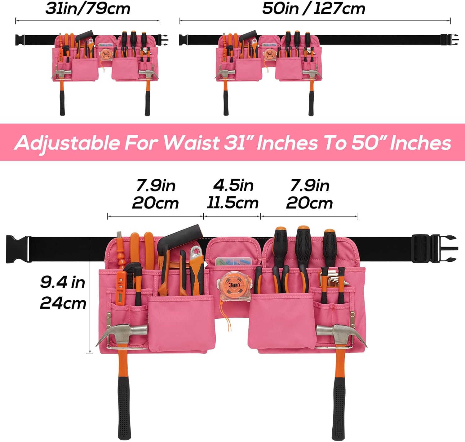 19 Pocket Tool Belts - Gardening Belt with Quick Release Buckle,Adjustable Utility Belt,Work Apron for Men and Women,for Gardening,Electrician,Carpenter,Construction Tool Belt,Gifts (Pink)