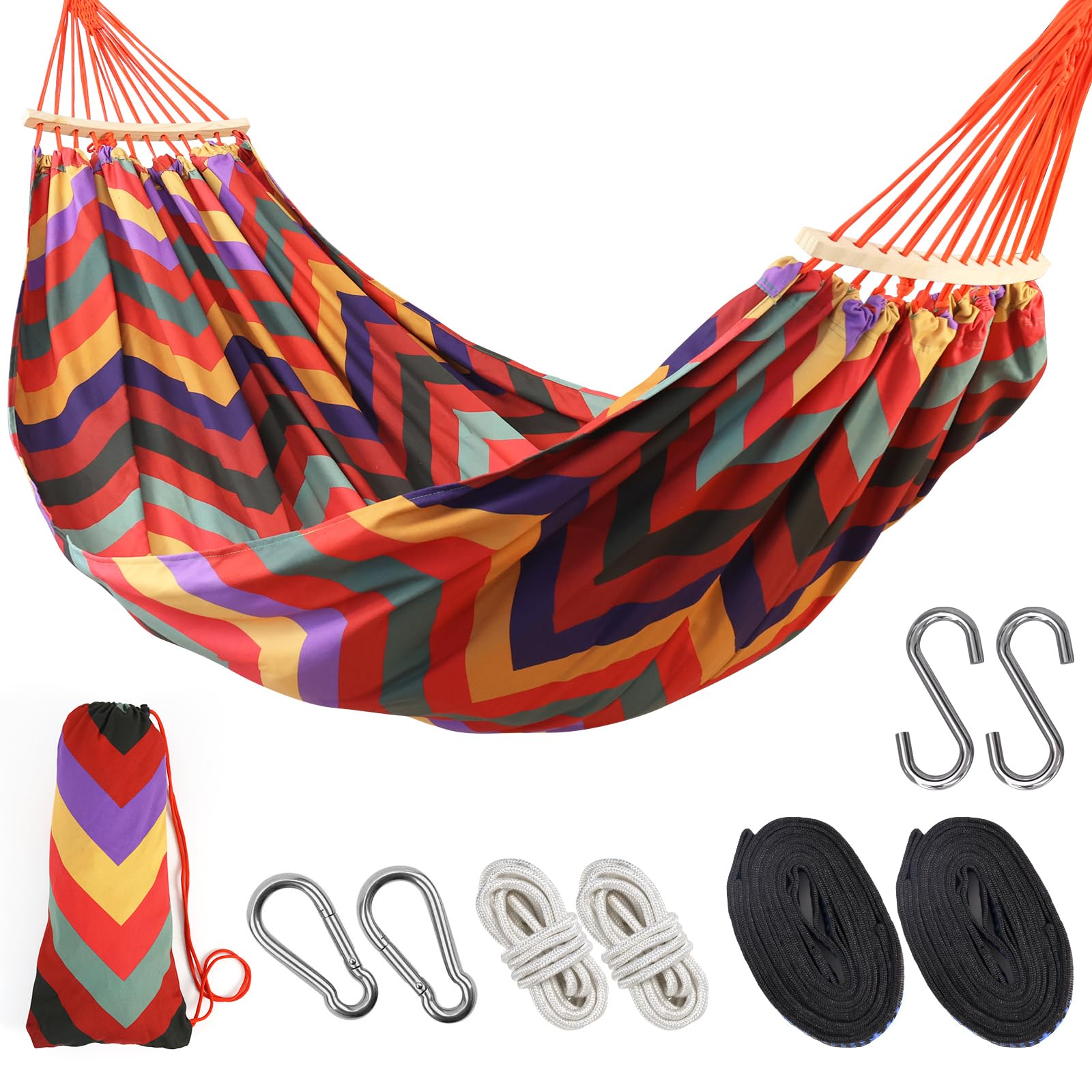 Double Hammock 9.5FT Extra Large Hammock with Carrying Bag - 2 Persons Hammock Portable Hanging Camping Bed for Patio, Backyard, Porch, Outdoor and Indoor Use - Soft Cotton, 290x145cm