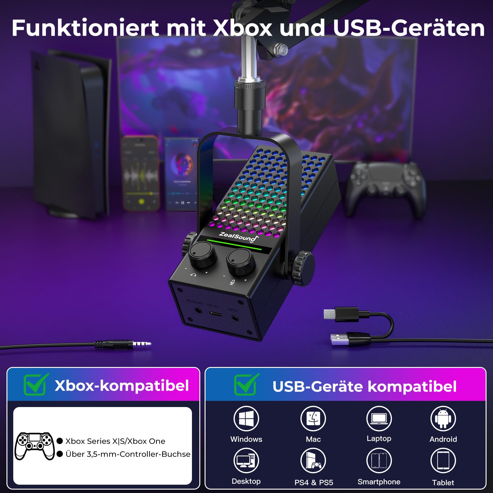 zealsound Xbox Gaming Mikrofon mit Arm, USB Mikrofon für PC, Handy, & PS5 | Rauschunterdrückendes, Mute, Gain-Control, Echtzeit-Monitoring und RGB-Beleuchtung, Plug & Play für Streaming, Podcast, Zoom