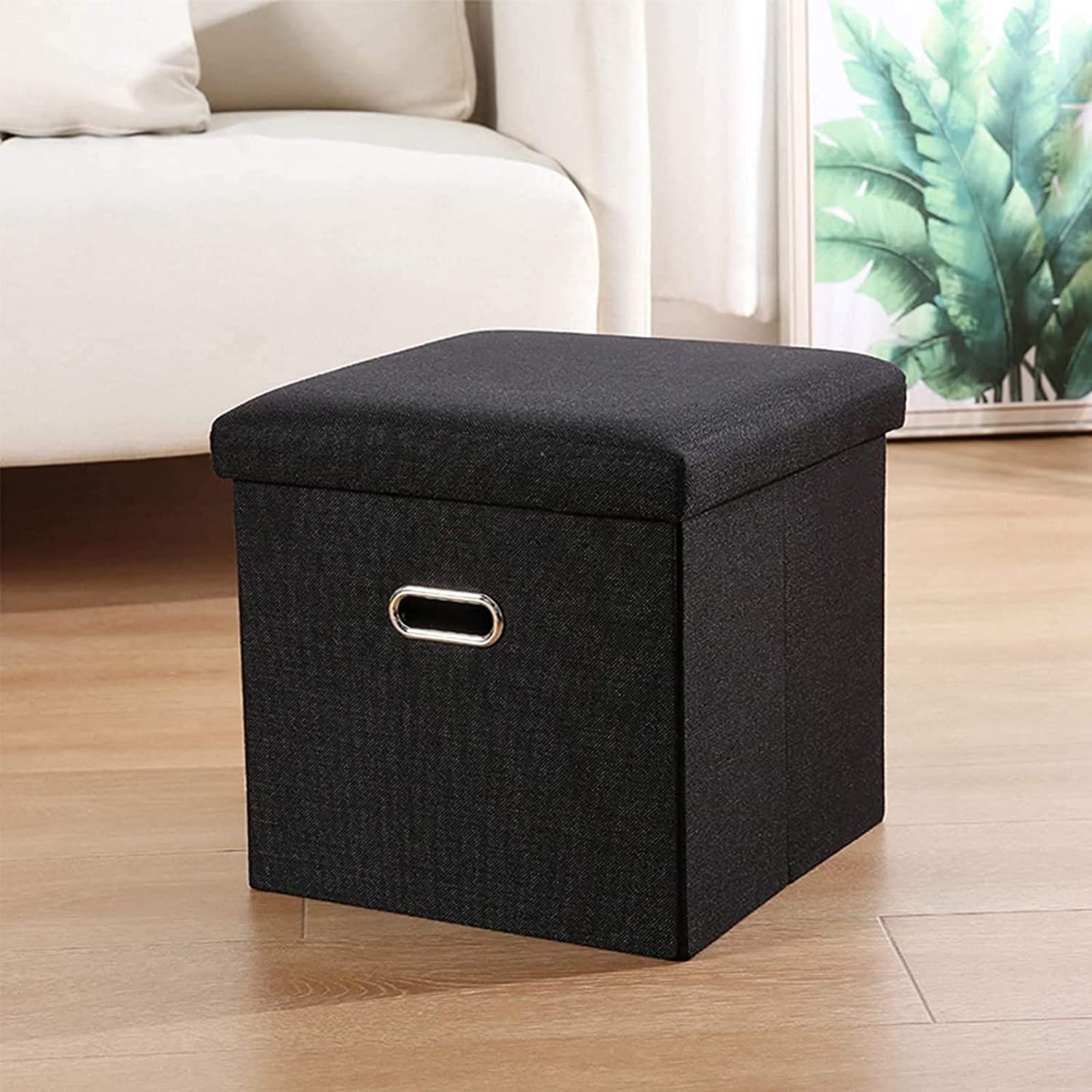 Pouf de rangement pliable en lin noir avec poignée de transport