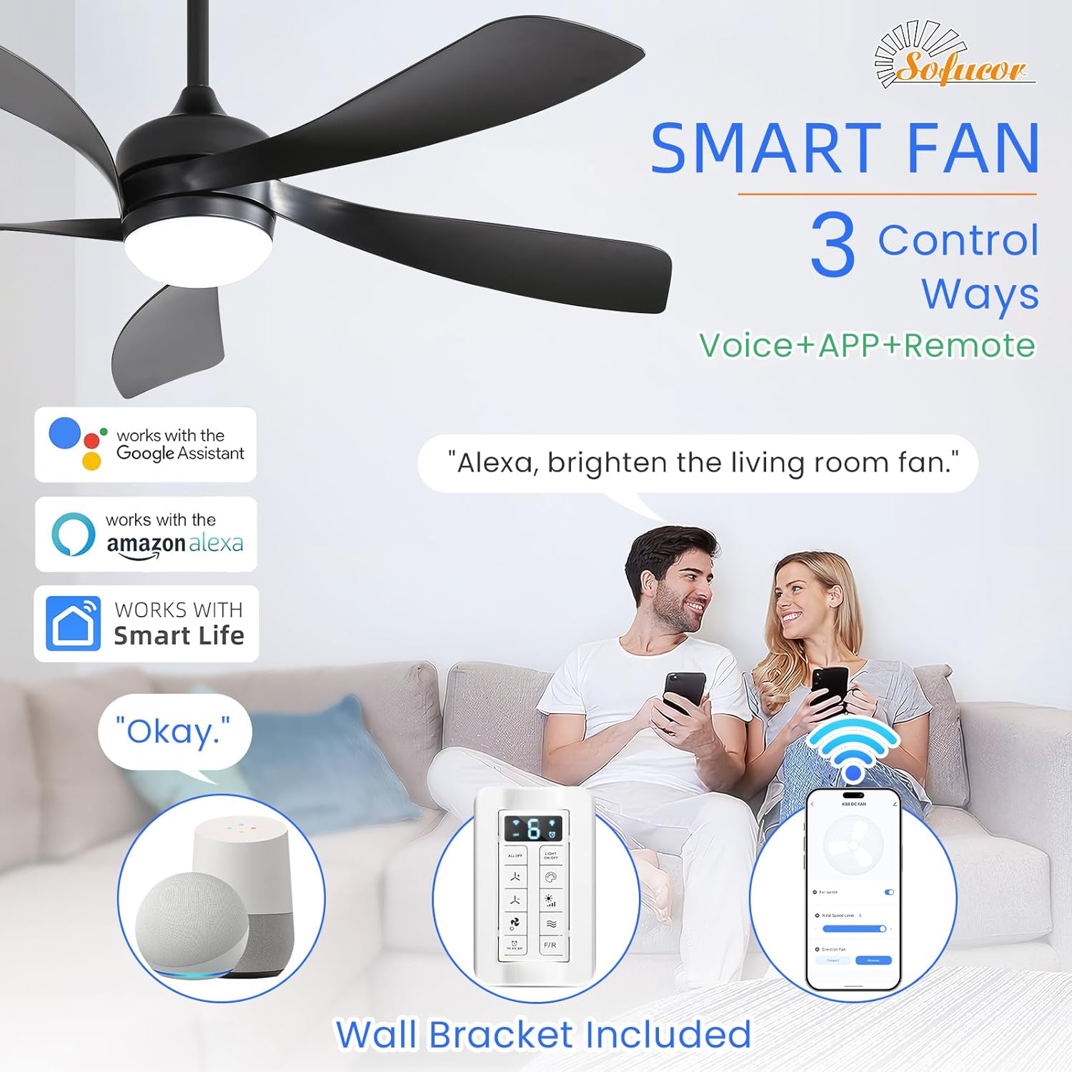 Sofucor 52" Smart Ceiling Fan, Indoor/Outdoor Ceiling Fans with Lights and Remote, Compatible with Alexa/Google/App, 3-Color Light 6-Speed Timing Reversible DC Motor for Bedroom Living Room Patio