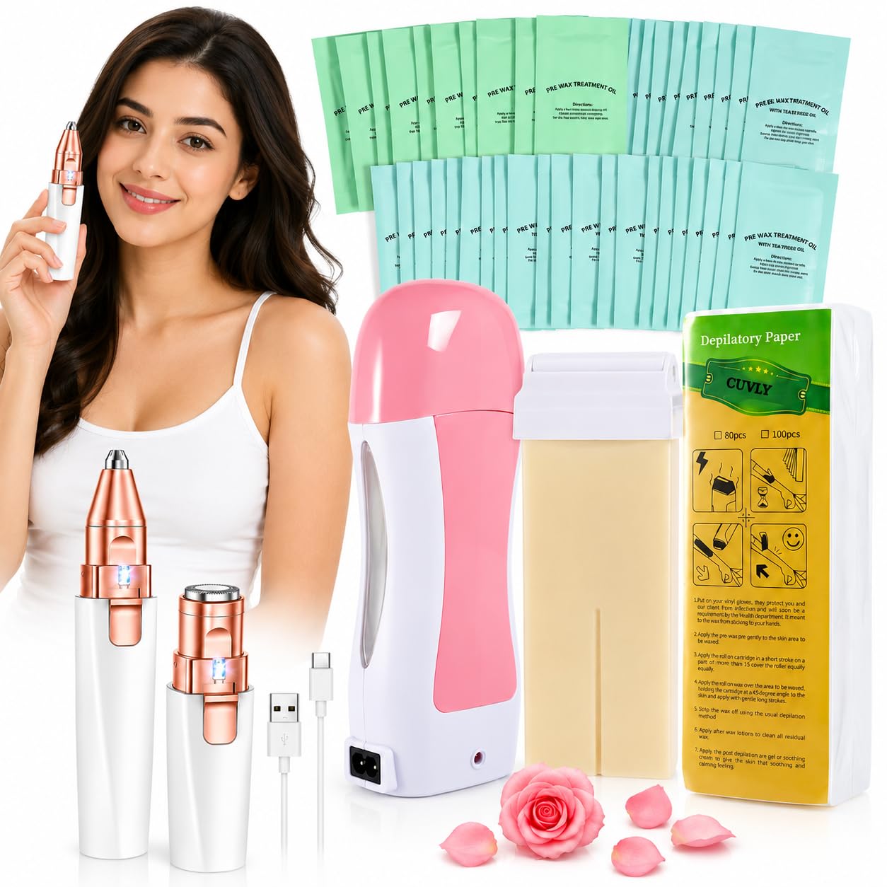 CUVLY Roll-On Wax Heater Machine for Women | Hair Removal Waxing Kit with Refill Cartridge, Wax Strips & Wet Wipes | Quick Heating Portable Wax Warmer for Smooth Skin