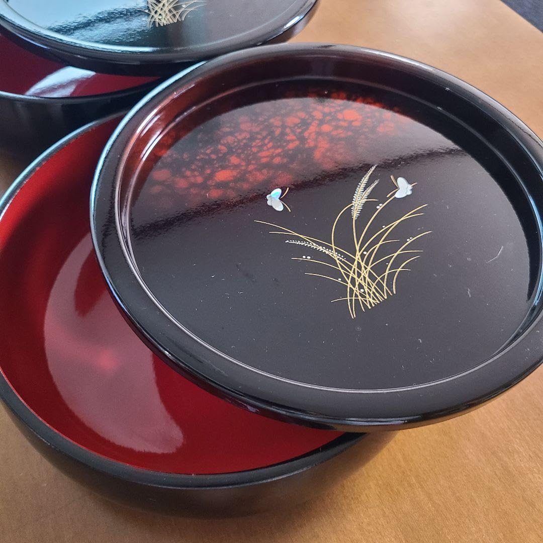 Amazon.co.jp: 螺鈿細工 漆器 蓋付き菓子器 寿司桶 2セット 黒赤