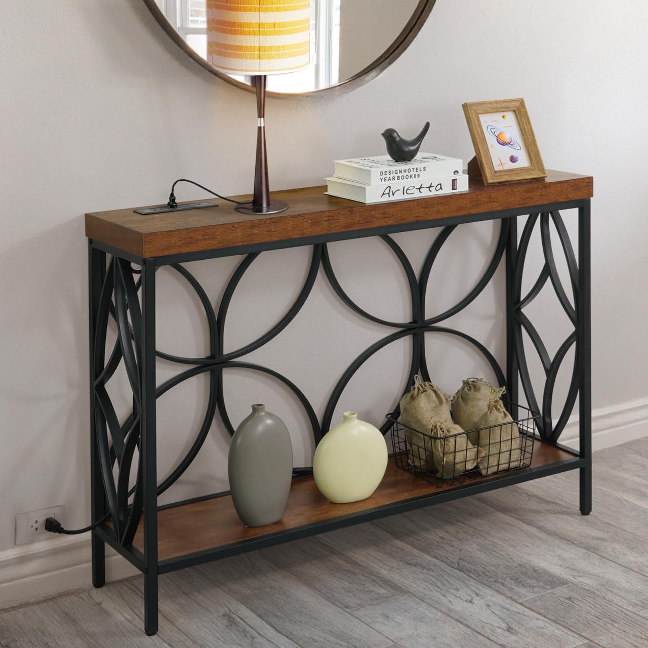 CAPHAUS 41” 2-Tier Industrial Sofa Console Thick Table w/Storage & Charging Station, Entrance Tableau w/ 2 Outlets, USB & Type-C Ports for Entryway,