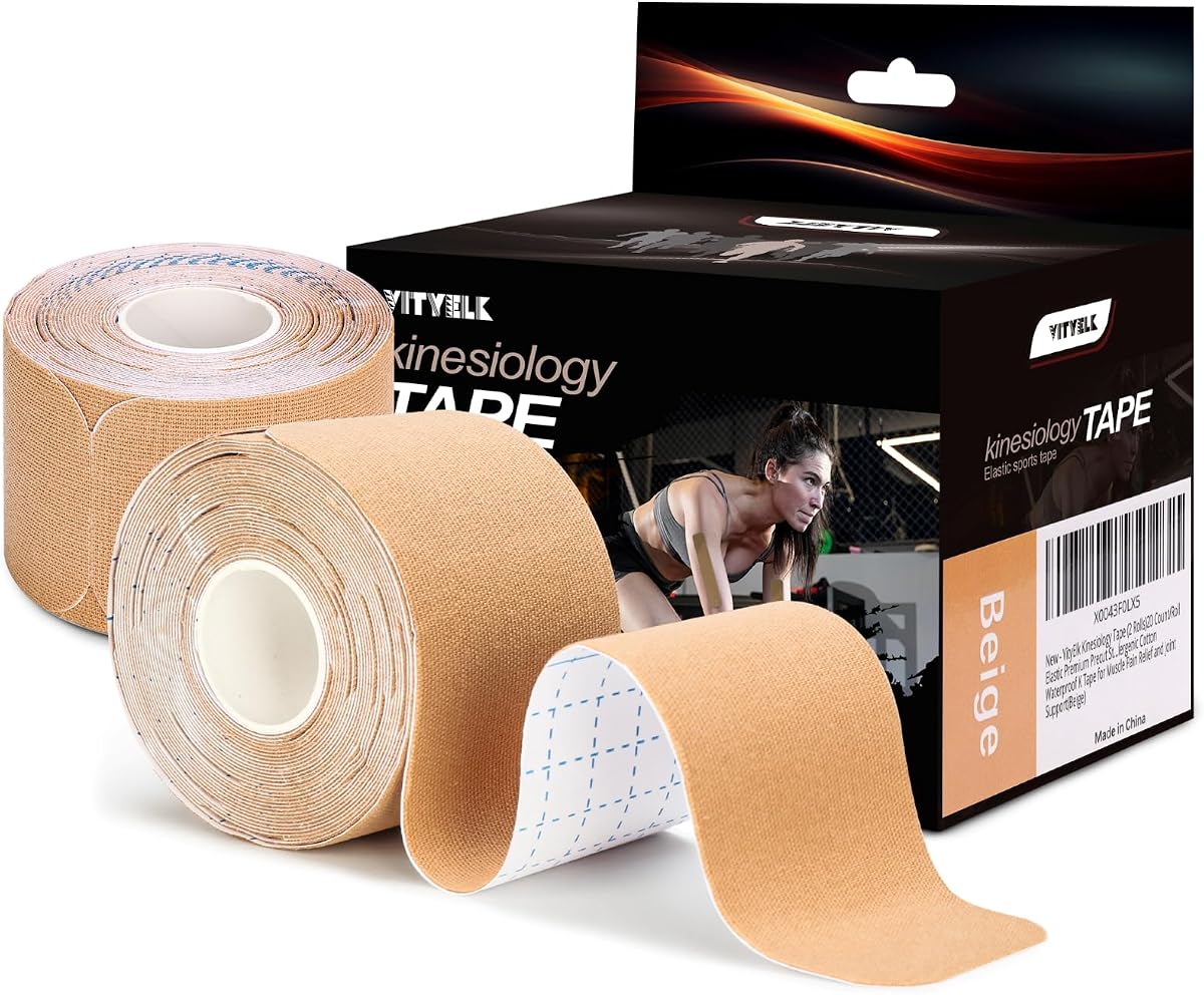 Cinta de kinesiología, beige, precortada 40 tiras de 2 pulgadas de ancho (2 rollos), cinta deportiva hipoalergénica impermeable sin látex, soporte muscular elástico para alivio del dolor de rodilla, hombro, espalda y tobillo