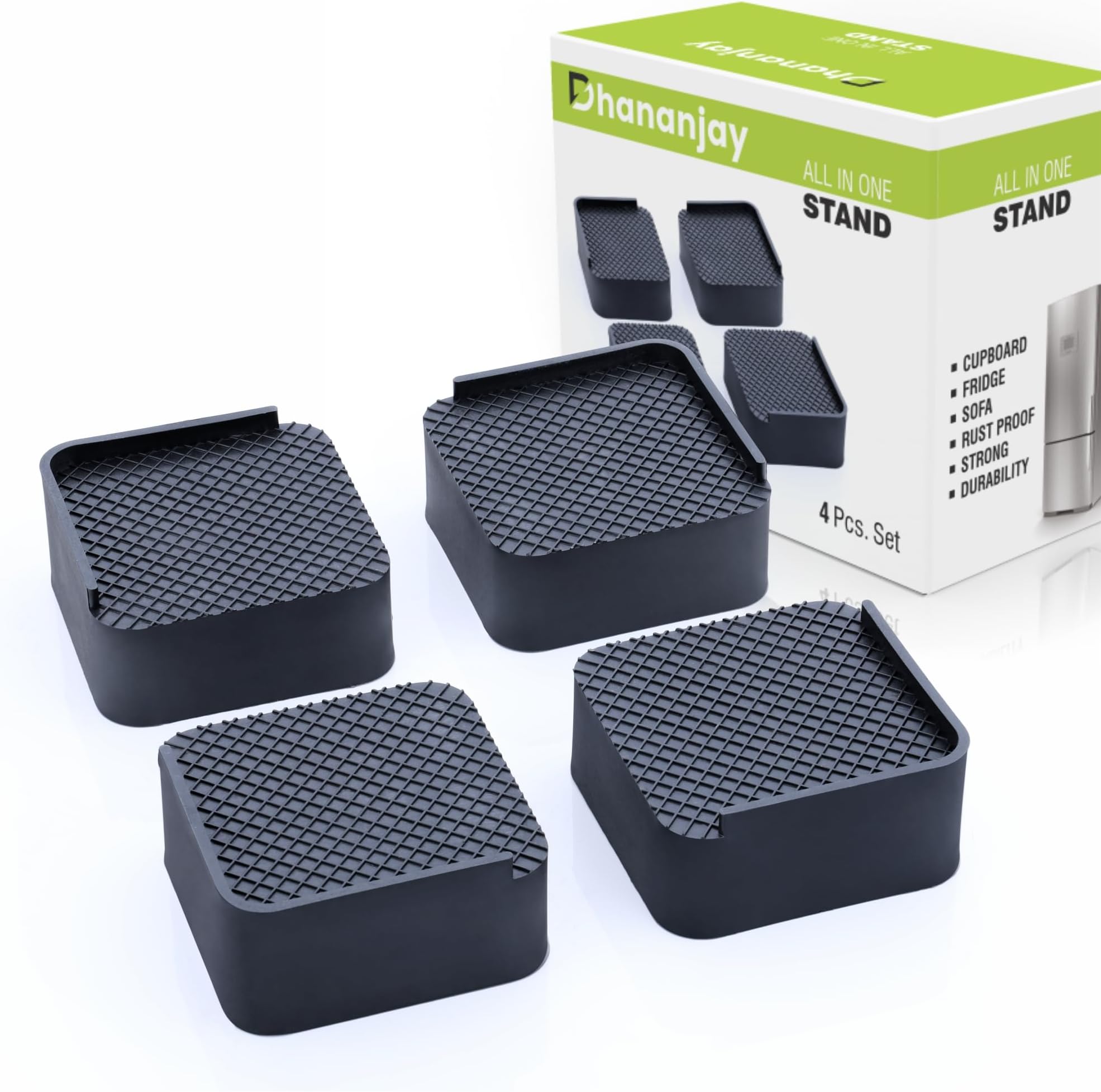 Dhananjay All in 1 Stand | 4-Pieces | Almirah | Wardrobe | Refrigerator Stand | Stand | Washing Machine | Furniture Base | Fridge Stands (Black (Square))