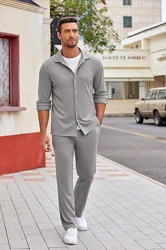 Miniatura 2 de COOFANDY Conjunto de 2 piezas para hombre, camisa de manga larga con botones, sin arrugas, camisas elásticas