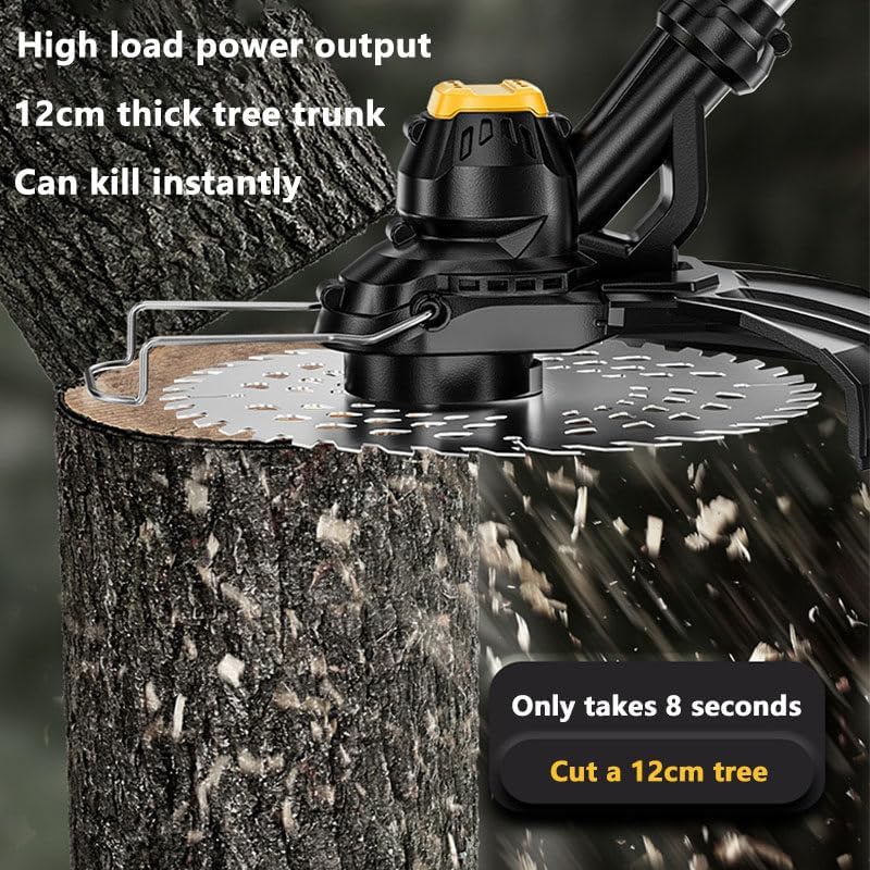 The WEIMILOR Cordless Brushless Trimmer cutting through a small tree trunk.
