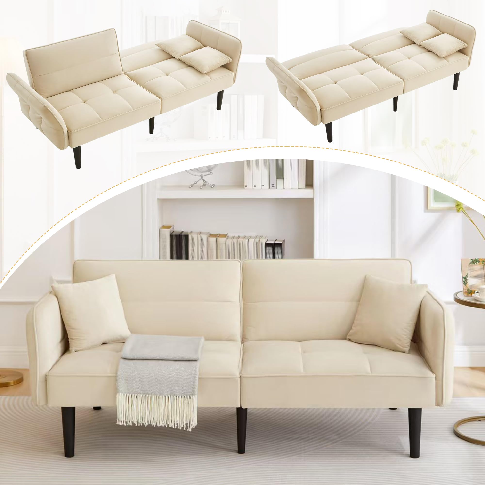 Azkoeesy Divano Letto 2 Posti in Velluto 176 cm, Schienale e Braccioli Regolabili, Piedi in Legno Massello, 2 Cuscini Inclusi, per Soggiorno e Ufficio (beige)