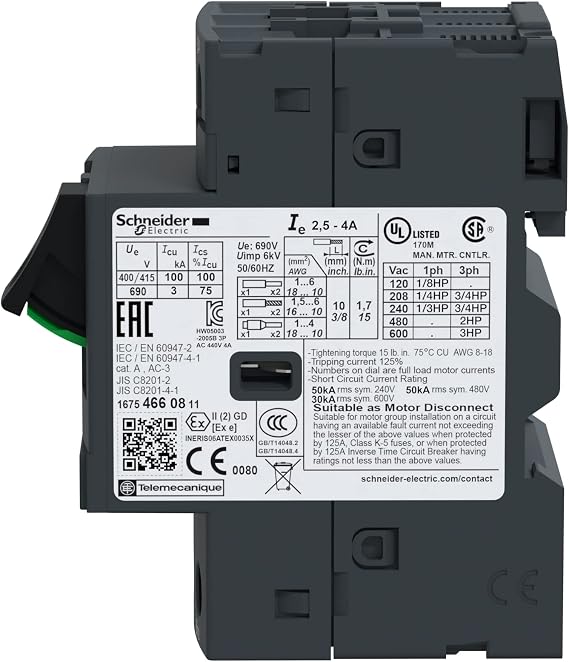 Manual Motor Starter, Button, 2.5-4A, 1P
