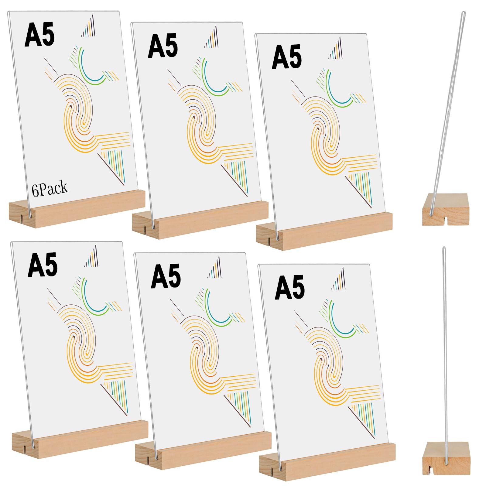 Lot de 3 Présentoirs de Table A5 en Acrylique Transparent avec Base en Bois-Porte-Affiche/Panneau Publicitaire pour Menus,Photos, Publicité (A5-6Pièces-A) | Présentoir double face pour étiquettes de prix et menu pour restaurants, cafés, bureaux
