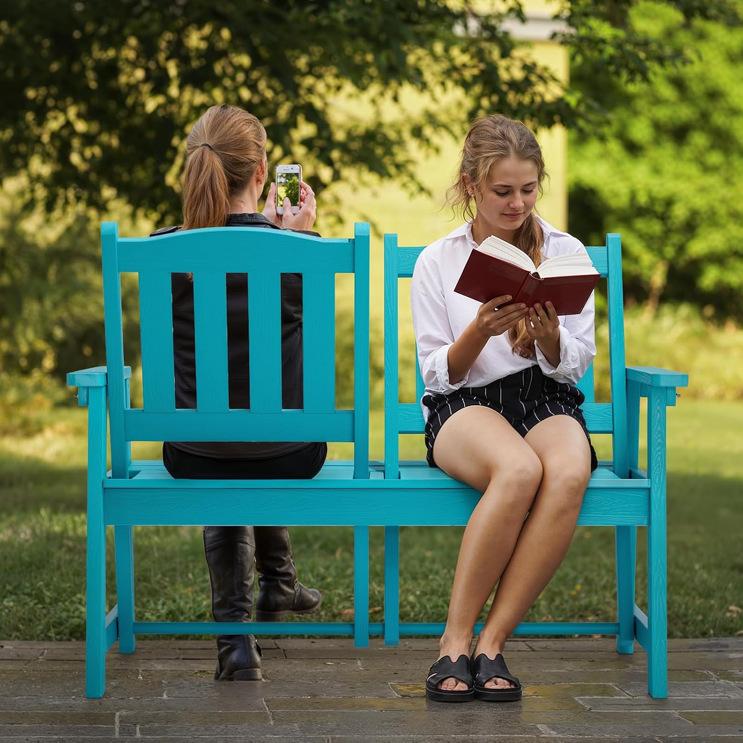 ONBRILL Outdoor Bench, 2-Person Weatherproof Garden Bench with Adjustable Backrest, All-Weather Patio Bench Will not Rot and Fade for Garden, Porch, Backyard and Park, Easy Installation, Blue
