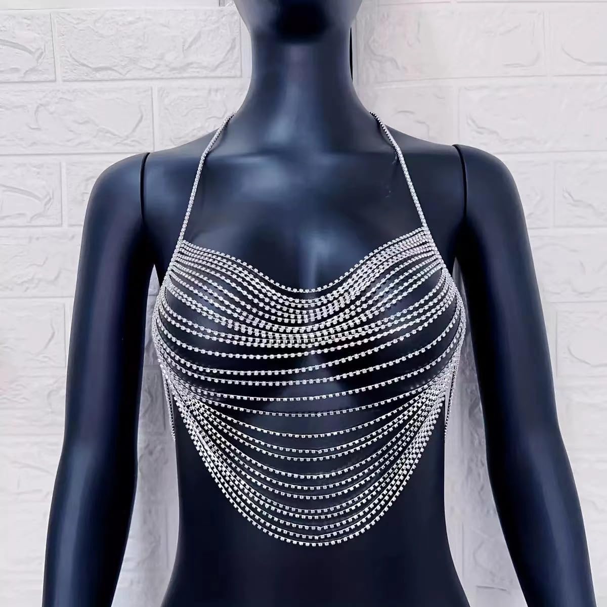 Multi-Layer Body Chain Necklace Rhinestone Chain Halter Top Body Jewelry Sexy Tassel Chest Chain Rave Nightclub Accessory