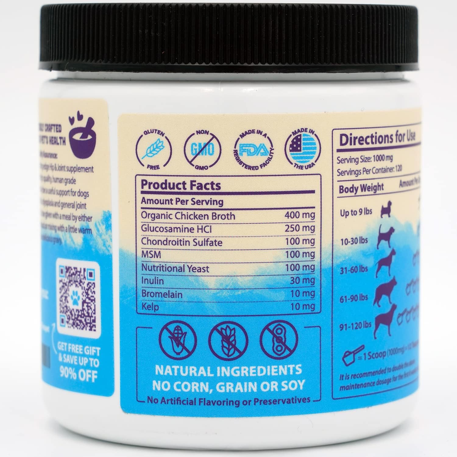 ZENAPET Dog Hip & Joint Support Premium Powder Topper, Glucosamine, Chondroitin, MSM,120 Servings (4-Month Supply), Supports Joint Comfort & Mobility, Human-Grade, Made in USA