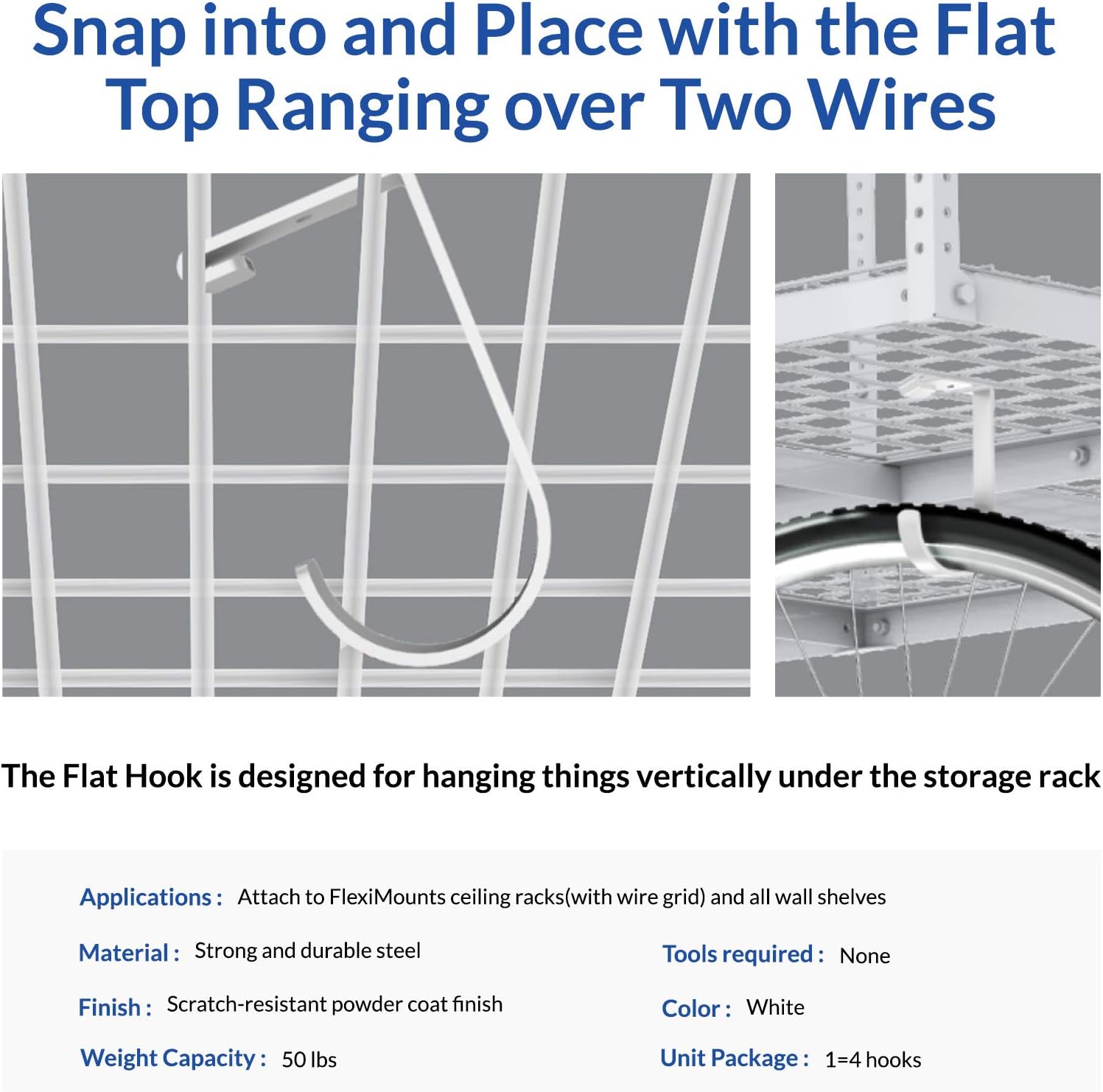 FLEXIMOUNTS 3x6 Overhead Garage Storage Adjustable Ceiling Storage Rack with 4-Pack Add-On Storage Flat Hook Accessory, 72" Length x 36" Width x 40" Height Storage Rack, White