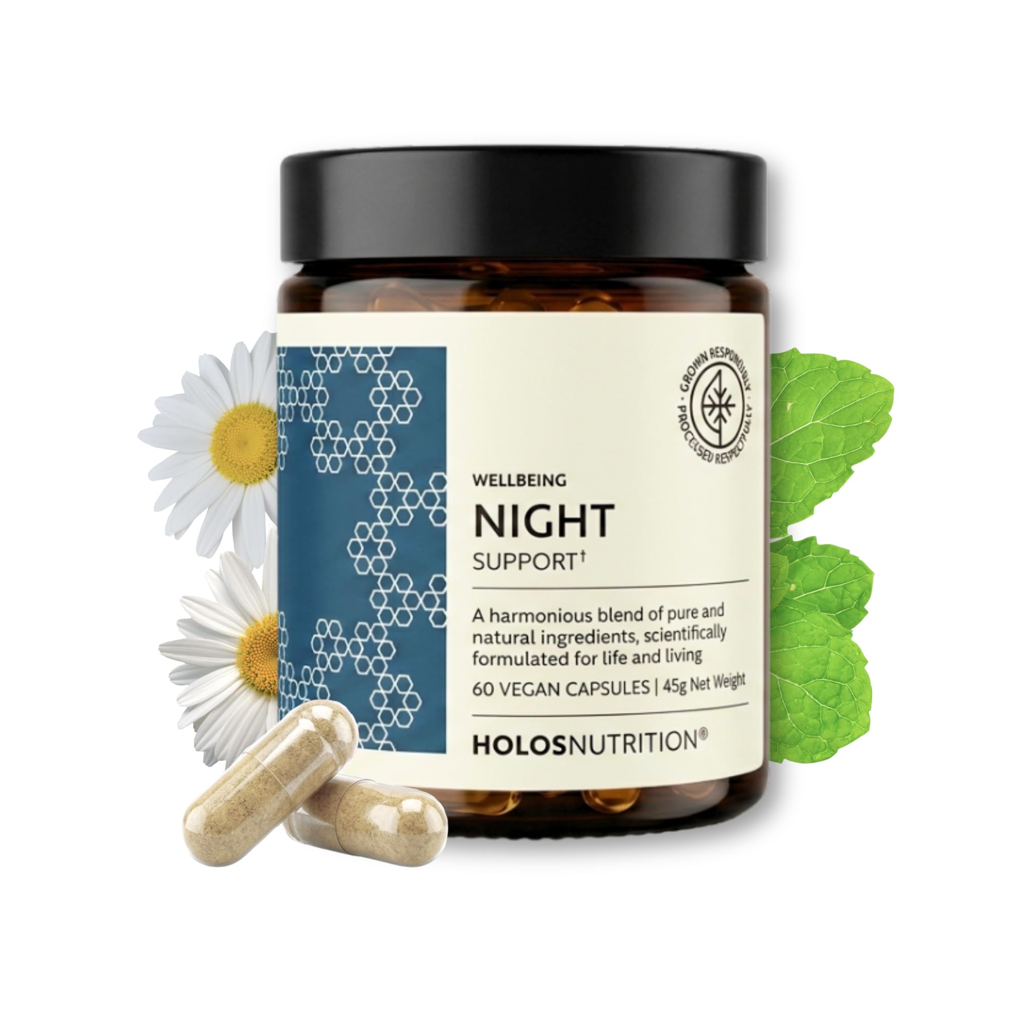Night Support | Suplemento Natural para Dormir con Magnesio, Melisa, Lúpulo y Manzanilla | Relájate y Descansa de Verdad | 60 Cápsulas Veganas