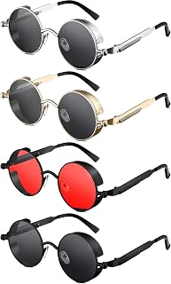 Weewooday Retro Round Steampunk Sunglasses - Vintage Hippie Circle Lens Metal Frame, 4 Pairs for Men Women