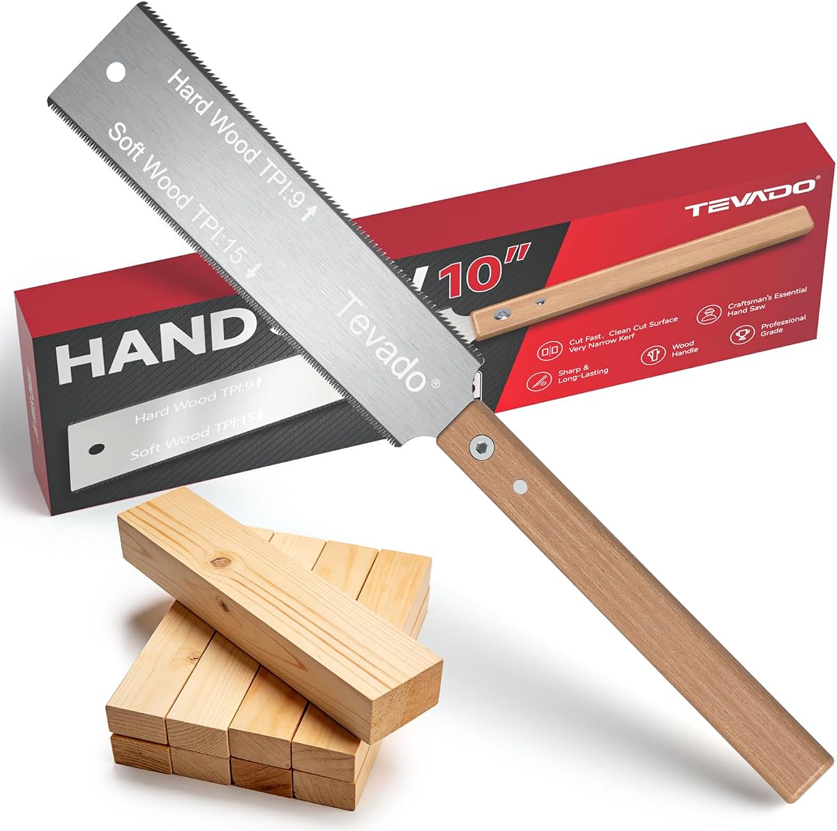 10-Inch Japanese Hand Saw, Double Edge 15/9 TPI Flush Cut Pull Saw, Tevado | Flexible SK5 steel blade, non-slip wood handle, sharp and lightweight for hardwood, softwood, furniture and garden trimming