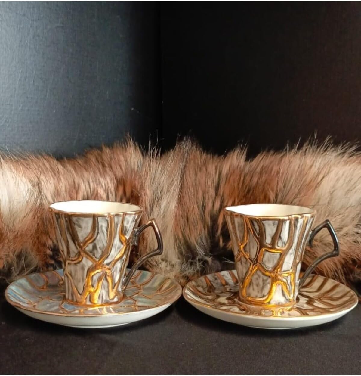 SODEF Coffee Cup Set Porcelain Hand Decorated 2-Piece 85ml Modern Design for Home, Office, Parties - Yellow Accents - Multicolor, One Size