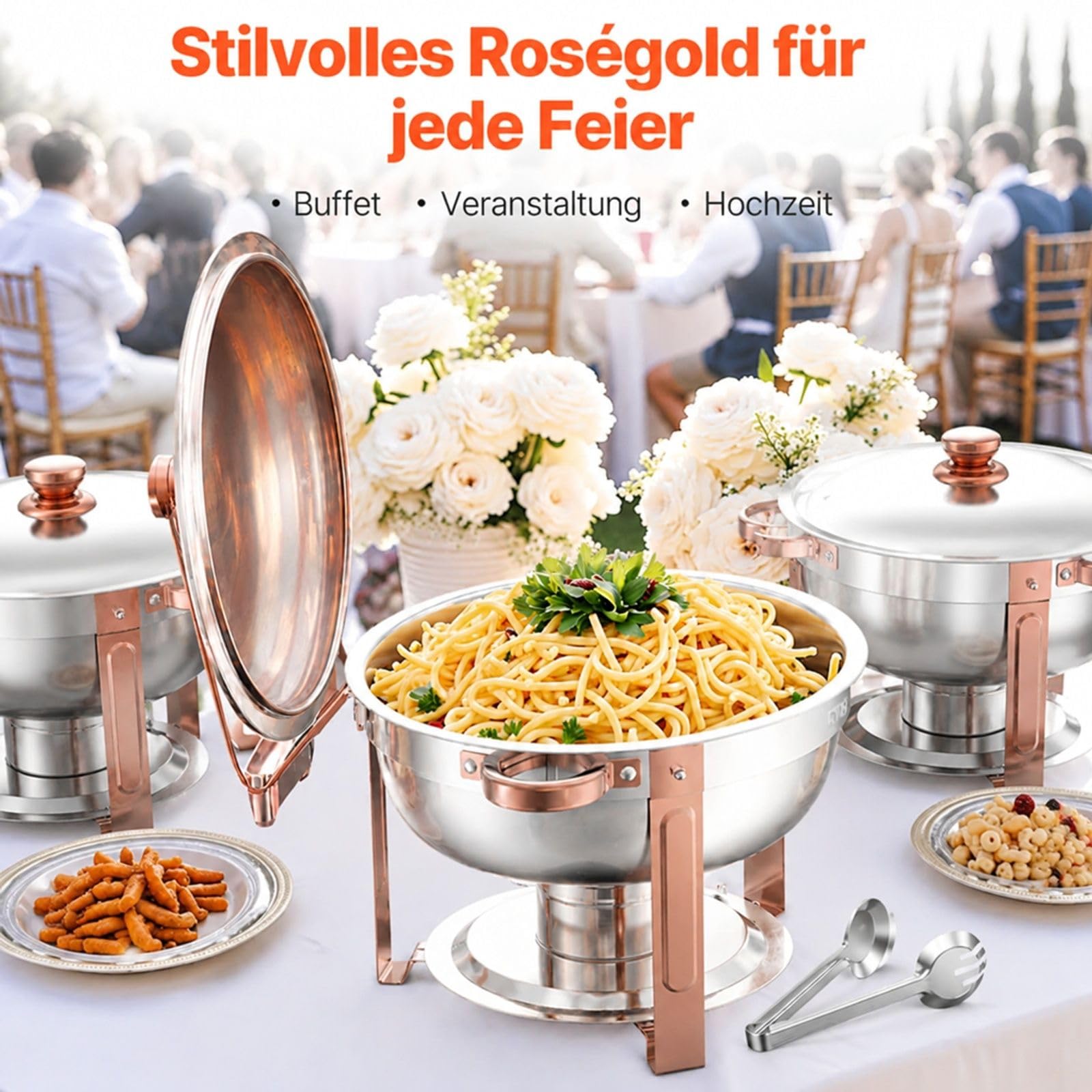 Chafing Dish Set aus Edelstahl, 4 Stück 4,7 L in Roségold mit Deckel für Buffet und Catering