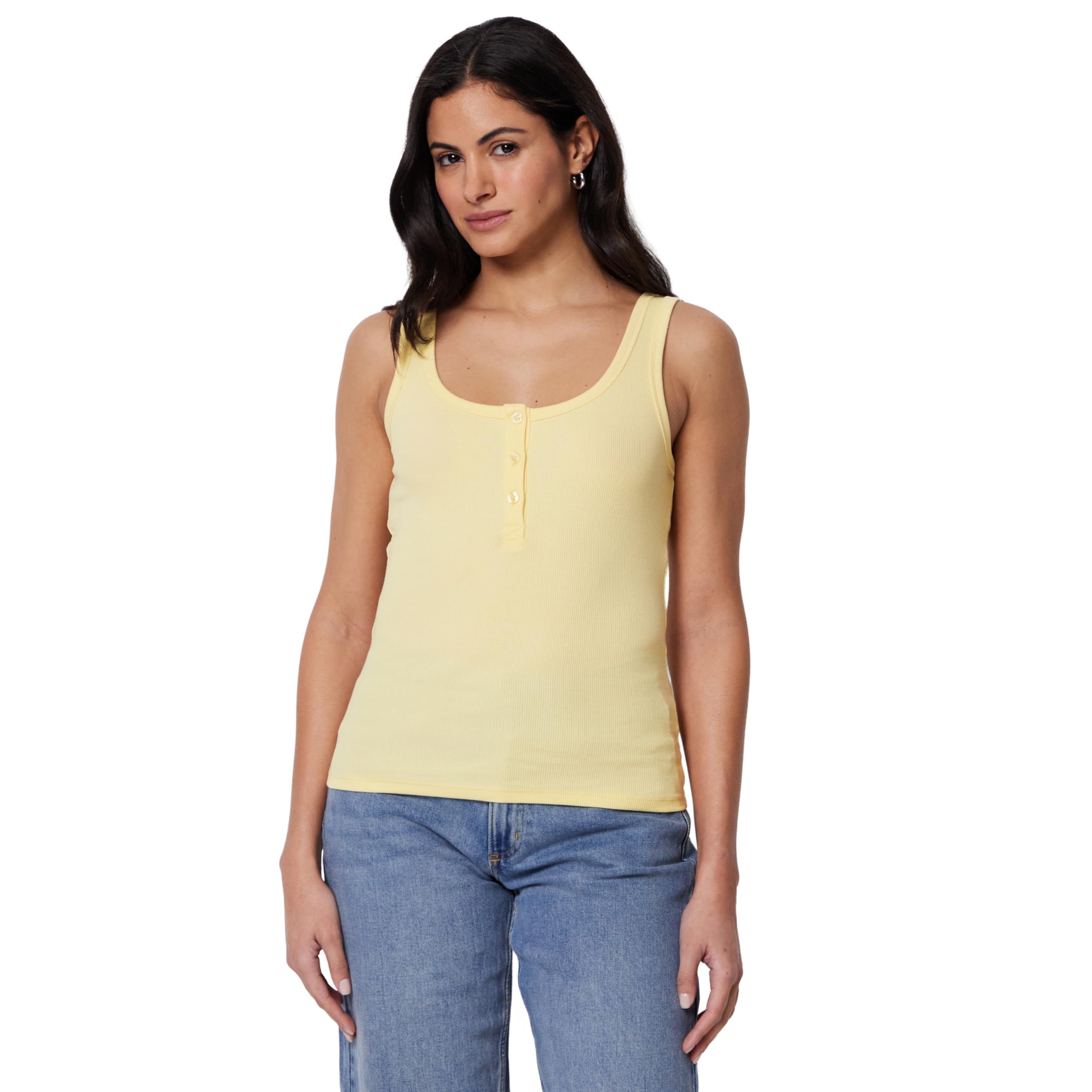 Amazon Essentials Women's Slim-Fit Ribbed Henley Tank, Pastel Yellow, Medium