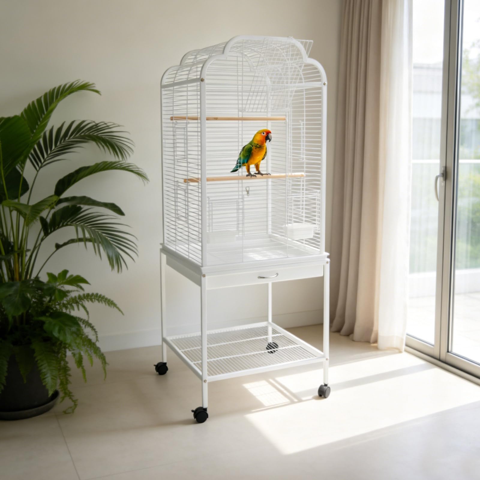 Pajarera grande con 2 cajas de comida, color blanco | Jaula para pájaros con 4 ruedas (2 frenos), con 3 sillas de madera, para pájaros pequeños y medianos (48 x 46 x 134 cm)