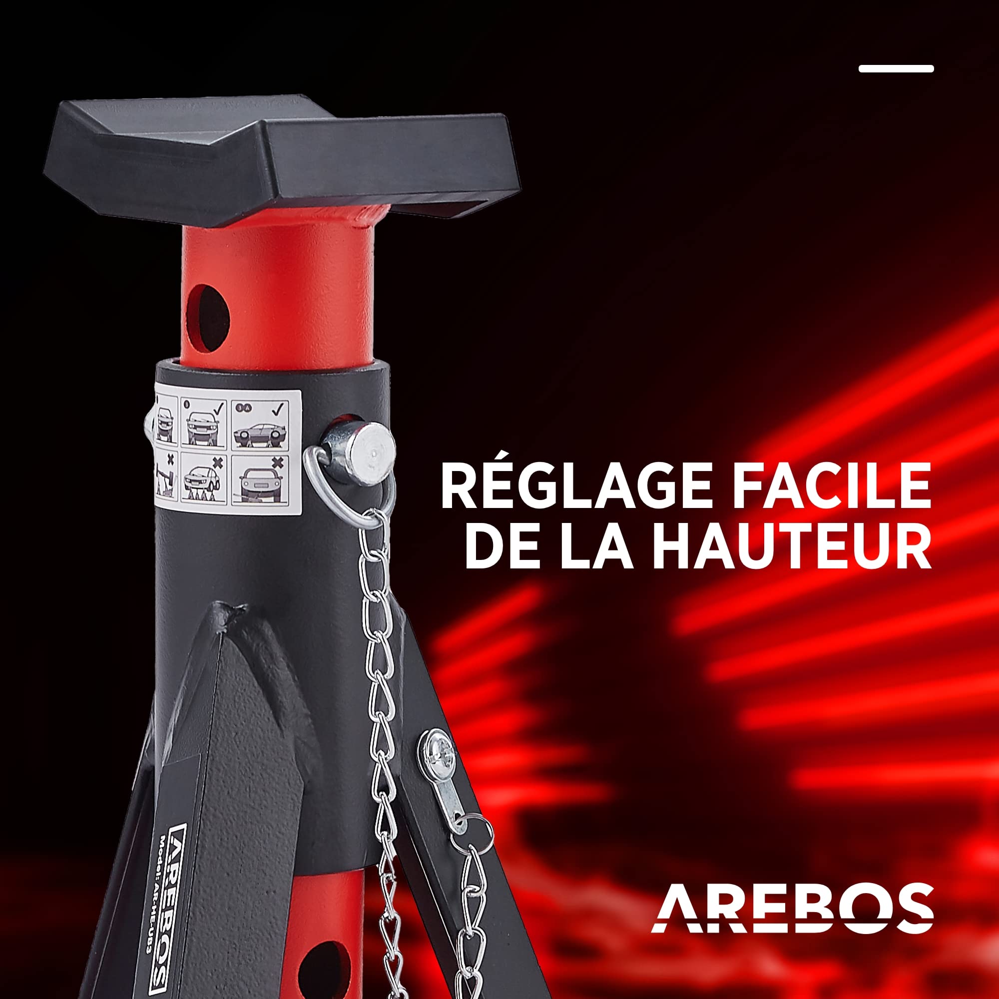 AREBOS 2X chandelles | capacité de Charge de 3 tonnes chacune | Hauteur réglable 299-442 mm | Set de chandelles | Support de cric | chandelles avec goupille de sécurité & Patins en Caoutchouc