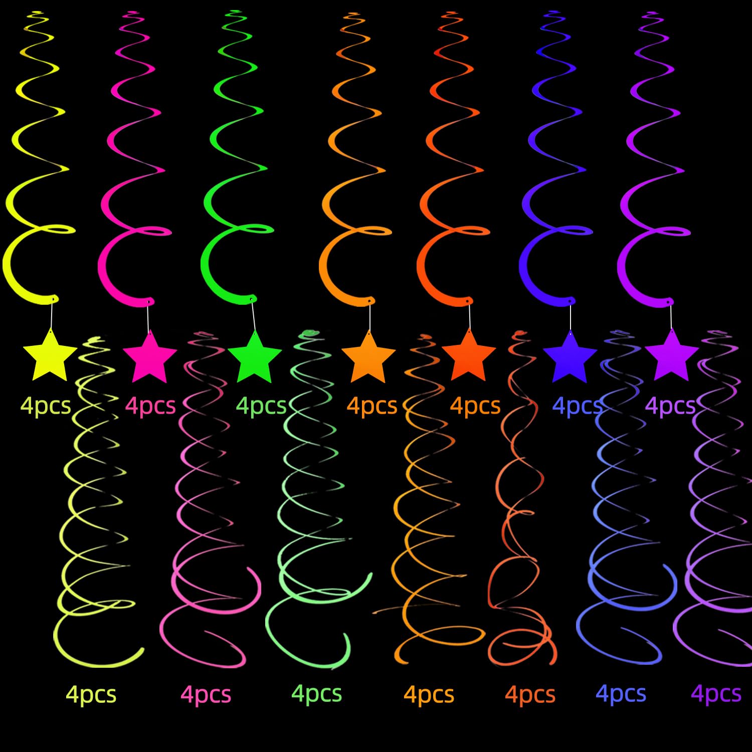 56 Stück Regenbogen hängende Wirbel Dekorationen Neon Swirl Luftschlangen UV Neon Girlande Deckendekorationen leuchten im Dunkeln Neon Partyzubehör und Dekorationen Schwarzlicht Party Kit für