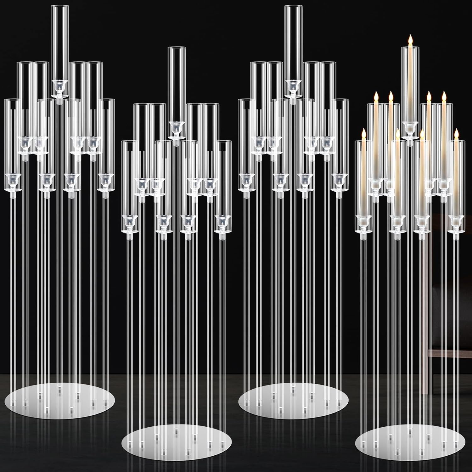 Tessco 4 Pcs 9 Arm 42.5" Acrylic Candelabra Table Centerpiece Floor Candelabras Clear Candle Holder with Removable Lampshade Wedding Candelabra Centerpiece Fit 0.8 LED