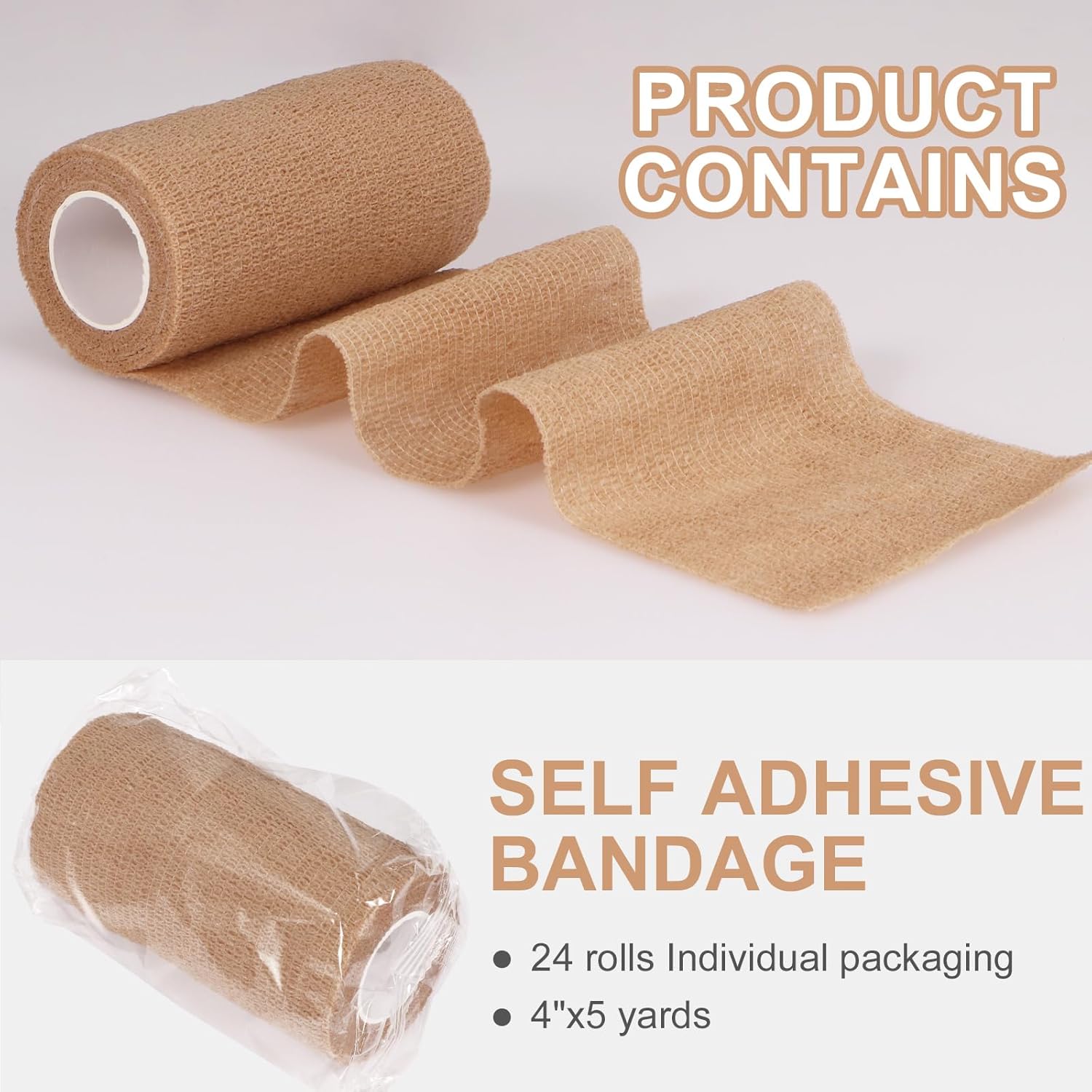 24 Pack Self Adhesive Bandage Wrap, 4” x 5 Yards Cohesive Medical Tape Elastic Wrap for Sports, Ankle, Wrist Sprains, Pet First Aid - Image 2
