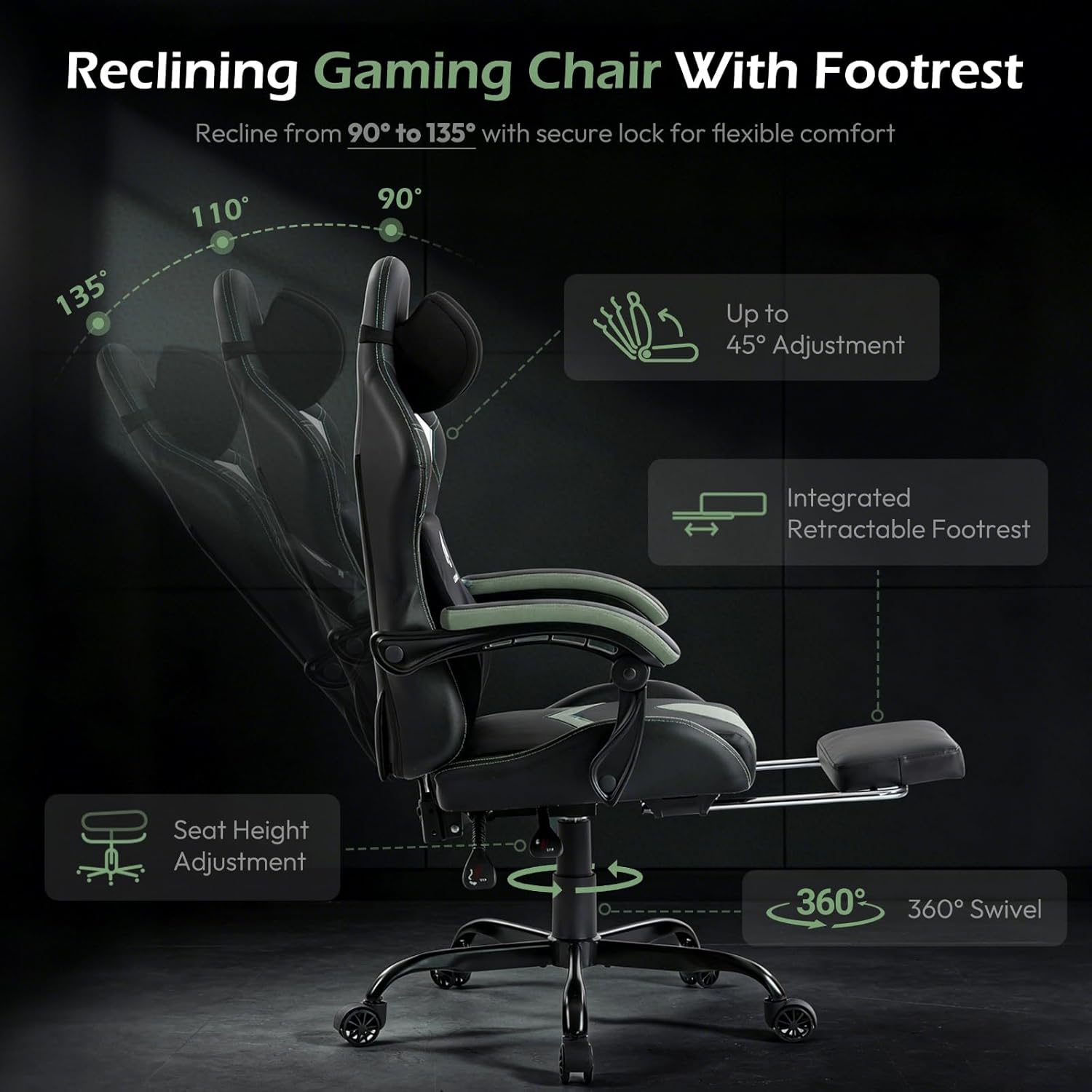 Ergonomic Gaming Chair for Adults with Footrest - Height Adjustable Reclining Gamer Chair 135° with Headrest and Lumbar Support, Comfy Video Game Computer Desk Chair for Home Office，Green