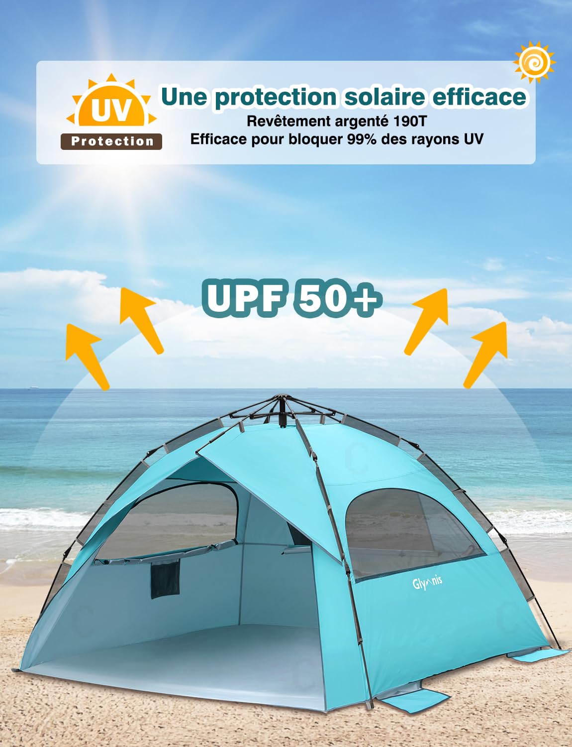 Glymnis Tente de Plage 4-6 Personnes Pop Up Tente de Plage hydraulique Automatique Abri Solaire Portable UPF 50+ Protection UV