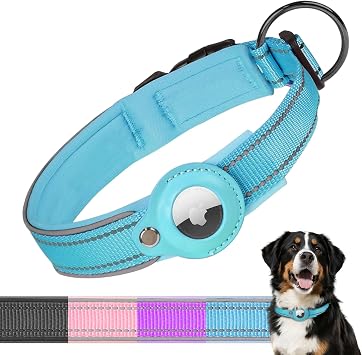 2026 Upgraded AirTag Dog Collar, Leather Dog Collar with AirTag Holder, Adjustable, Breathable, Soft Padded Apple Air Tag Dog Collars for Small Medium Large Dogs, Blue, S