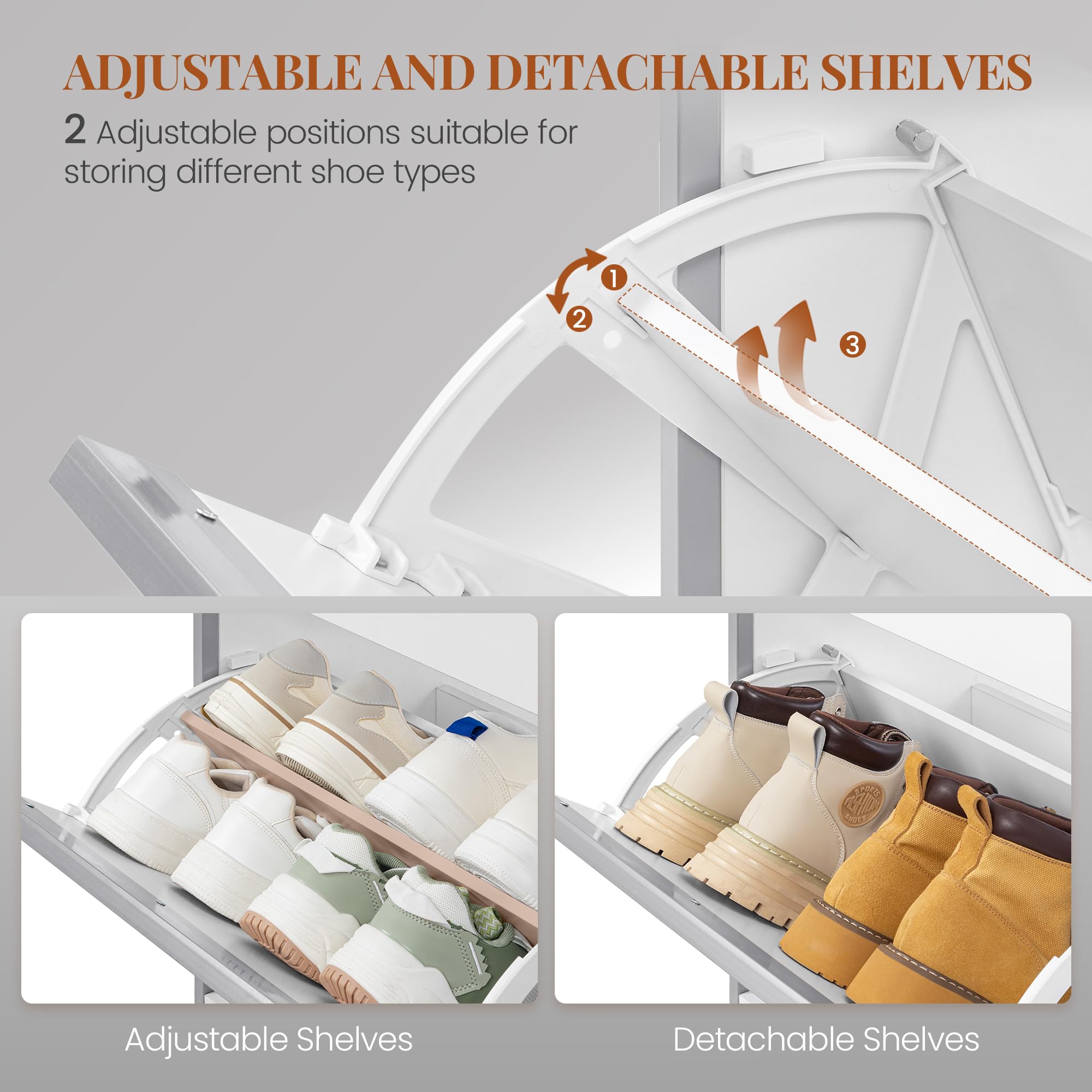 HEXCELEN Meuble à Chaussures avec 4 Battants, 16 à 24 Paire, Blanc-Argent | Étroit Étagère à Chaussures avec Tiroir, Meuble à Chaussure, Séparateur Réglables, pour Couloir, Entrée, 100 x 24 x 99 cm