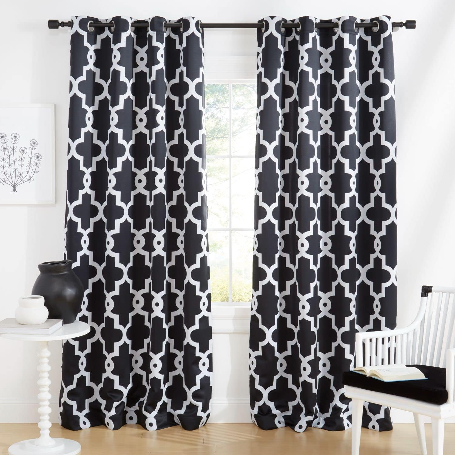 Exclusive Home Ironwork Sateen Woven Room Darkening Blackout Grommet Top Curtain Panel Pair, 52"x84", Black
