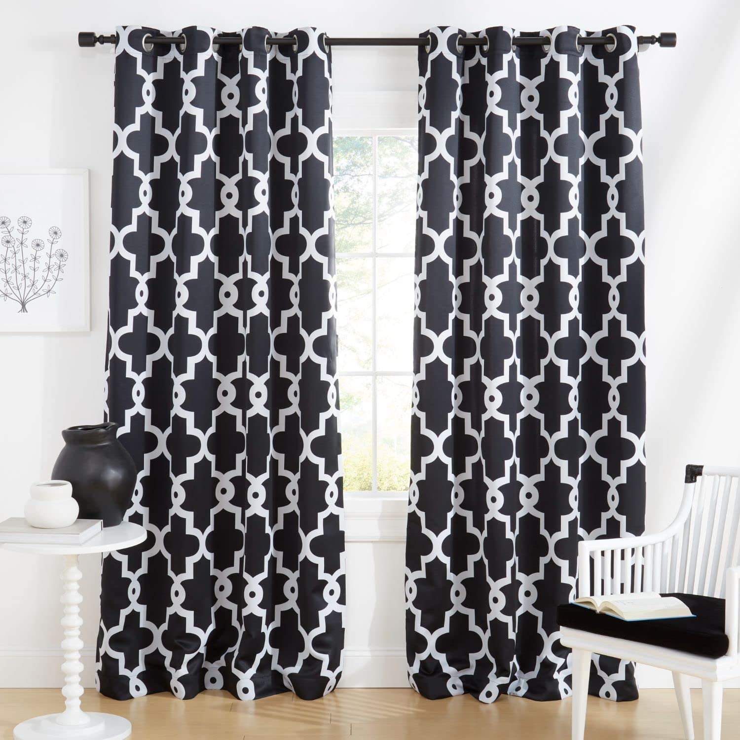 Exclusive Home Ironwork Sateen Woven Room Darkening Blackout Grommet Top Curtain Panel Pair, 52X84, Black