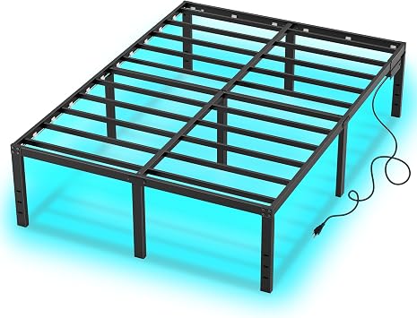 Full Size Bed Frame with LED Lights 14 Inch Platform Bed Frame Full with Charging Station Black Metal Mattress Foundation no Box Spring Needed Led Bed with Storage Space 14 Inch, Full